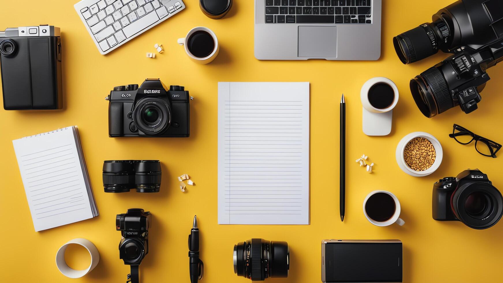 items on yellow table, background design of random objects on table photo
