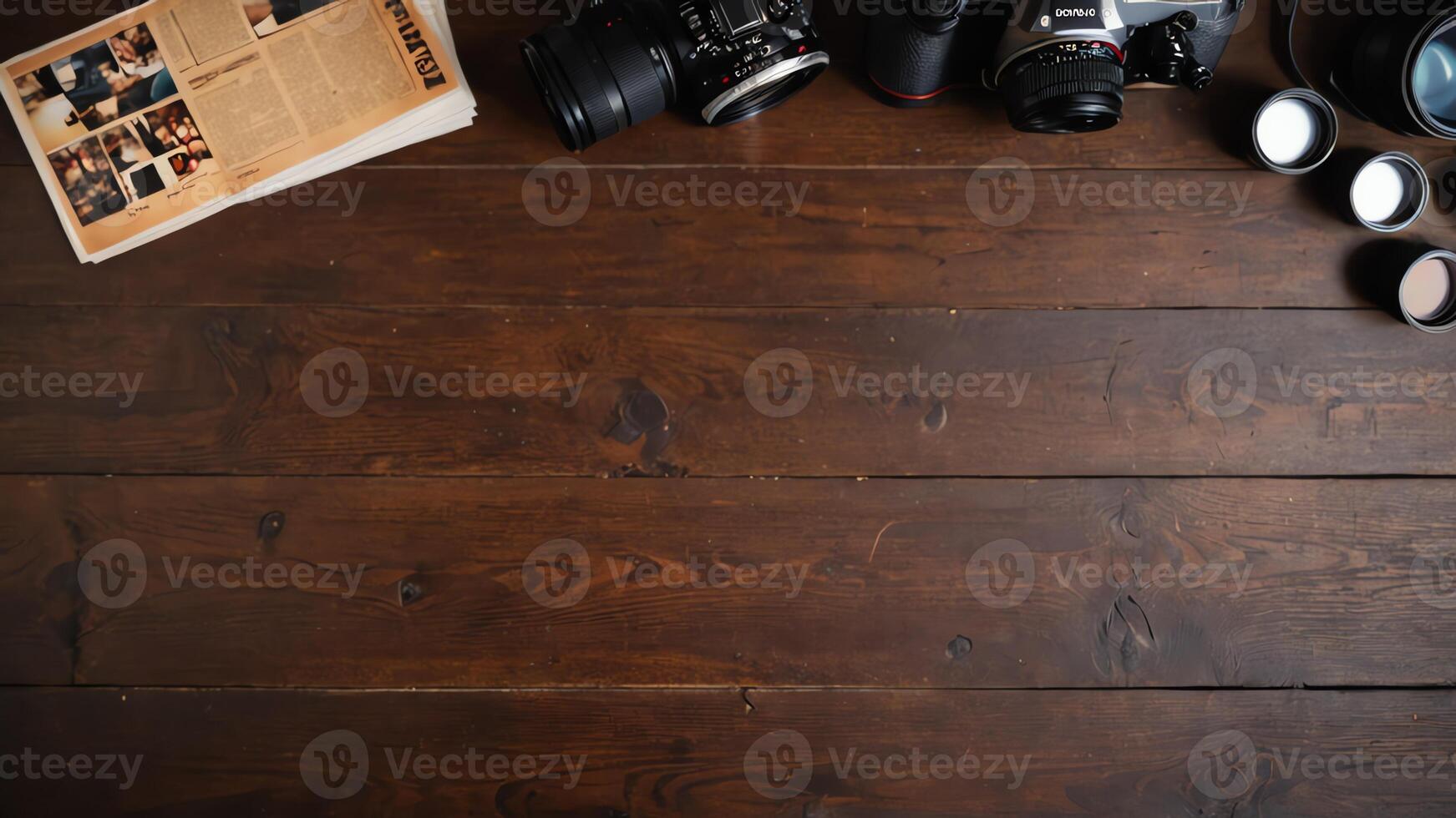 items on brown table, background design of random objects on table photo