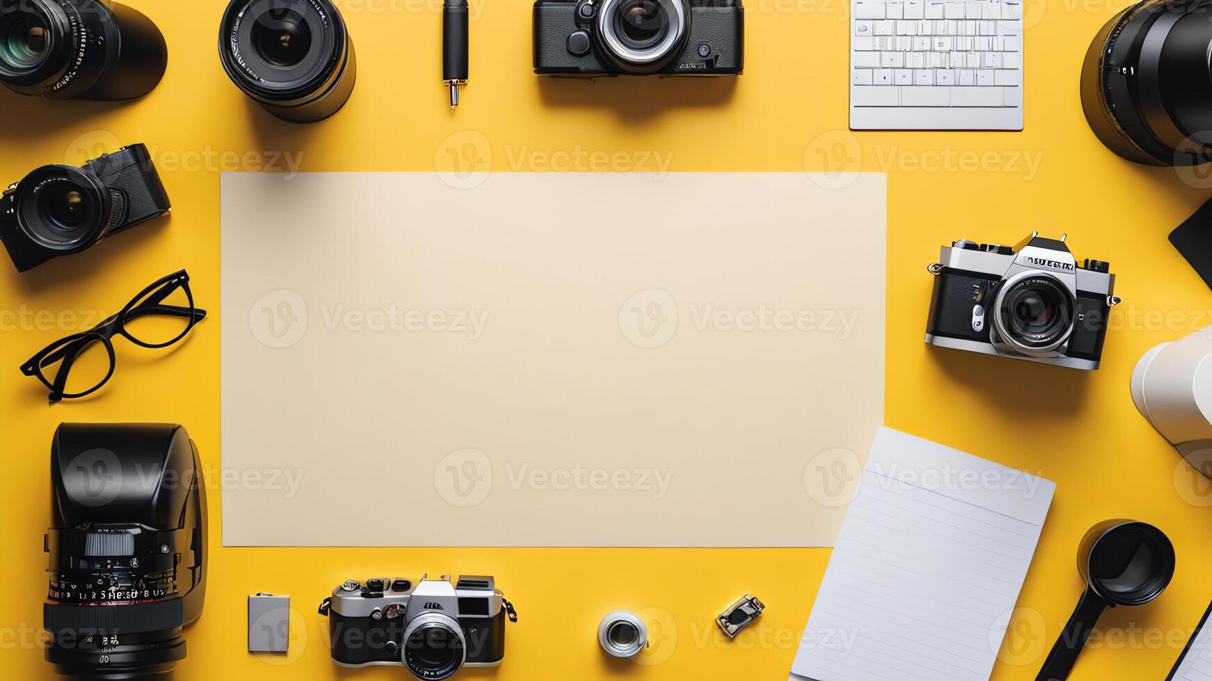 items on yellow table, background design of random objects on table photo