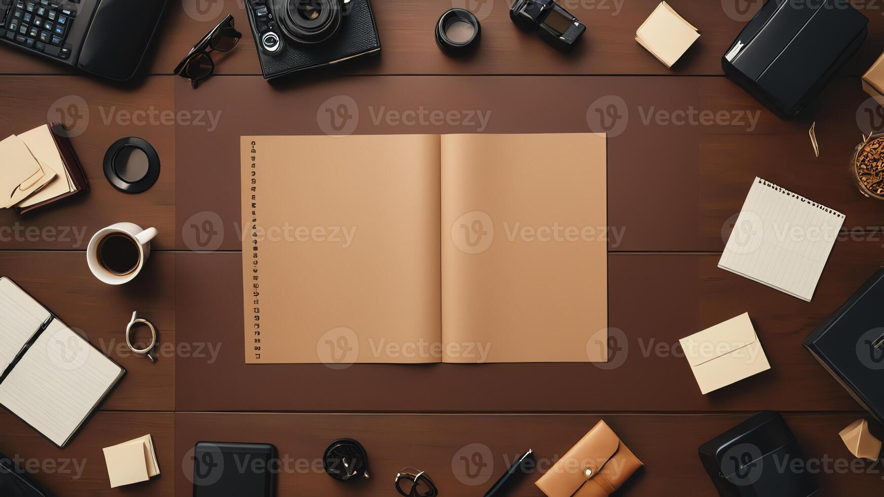 items on brown table, background design of random objects on table photo