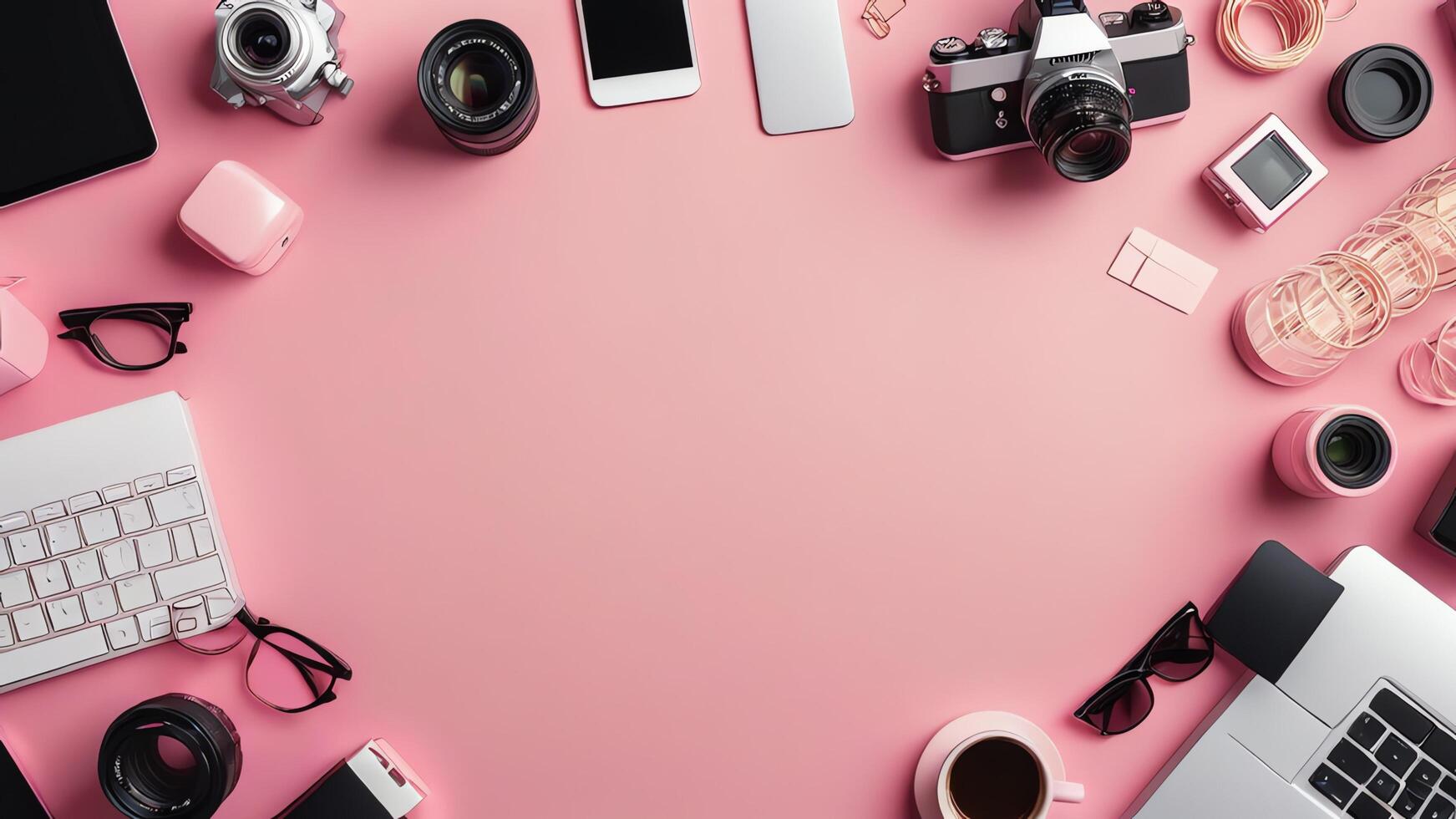 items on pink table, background design of random objects on table photo