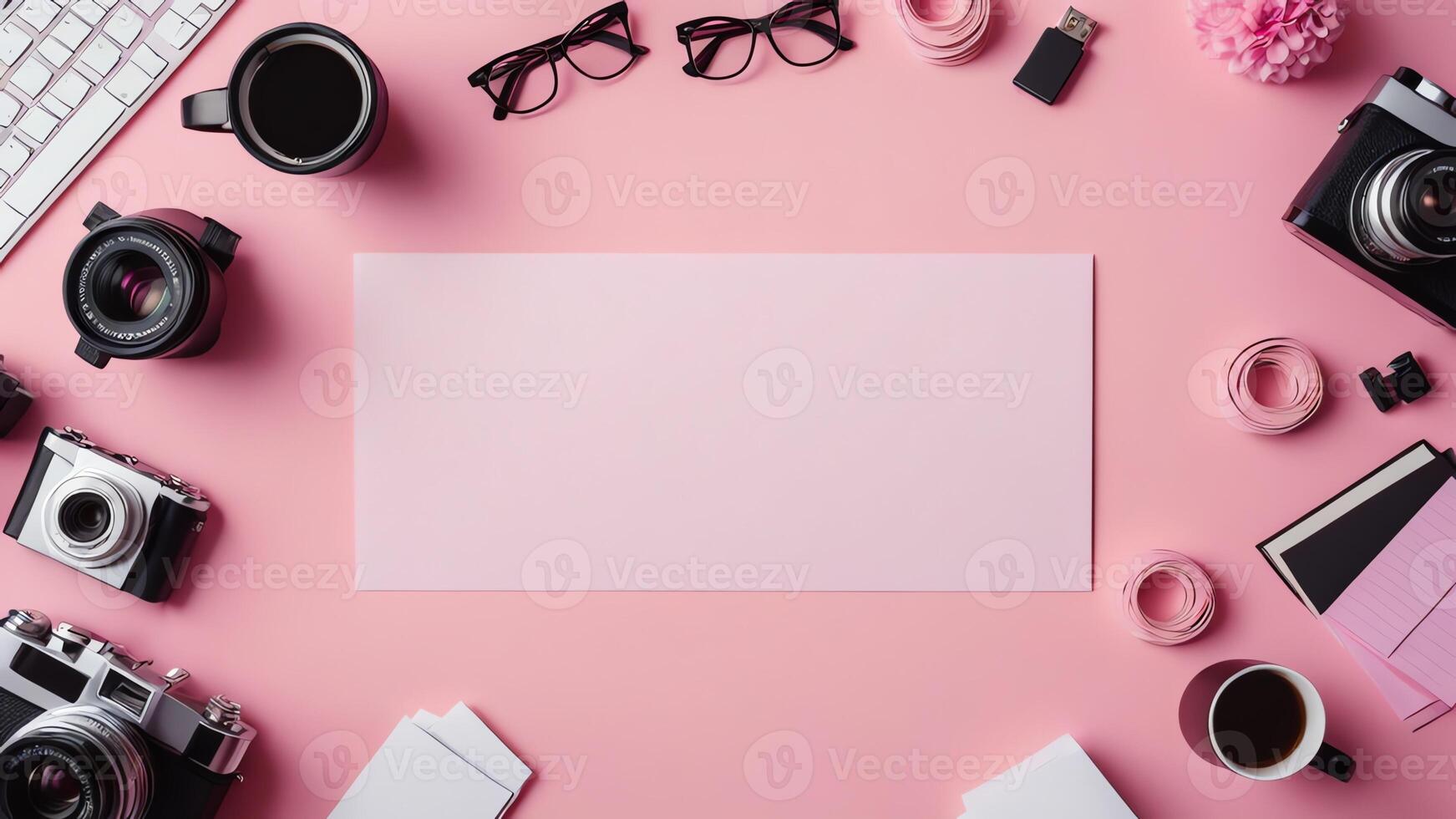 items on pink table, background design of random objects on table photo