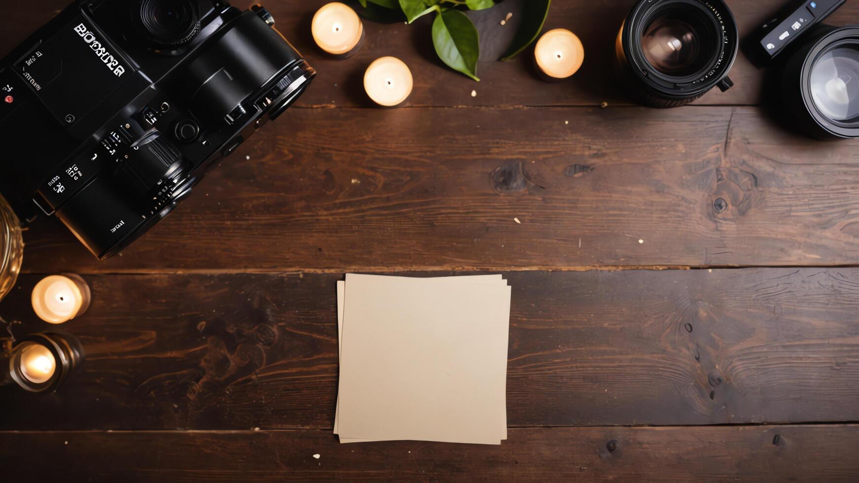 items on brown table, background design of random objects on table photo