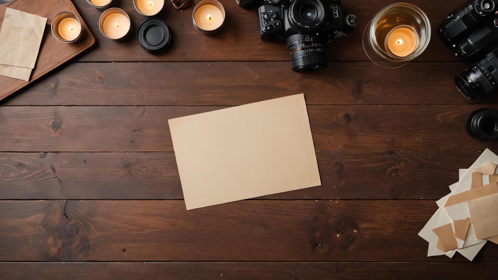 items on brown table, background design of random objects on table photo