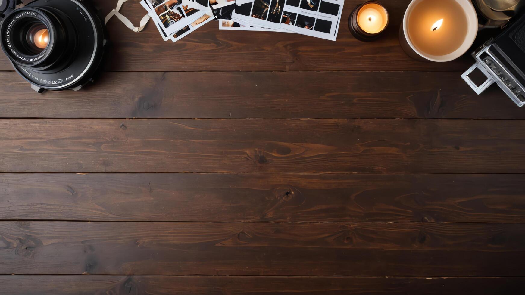 items on brown table, background design of random objects on table photo