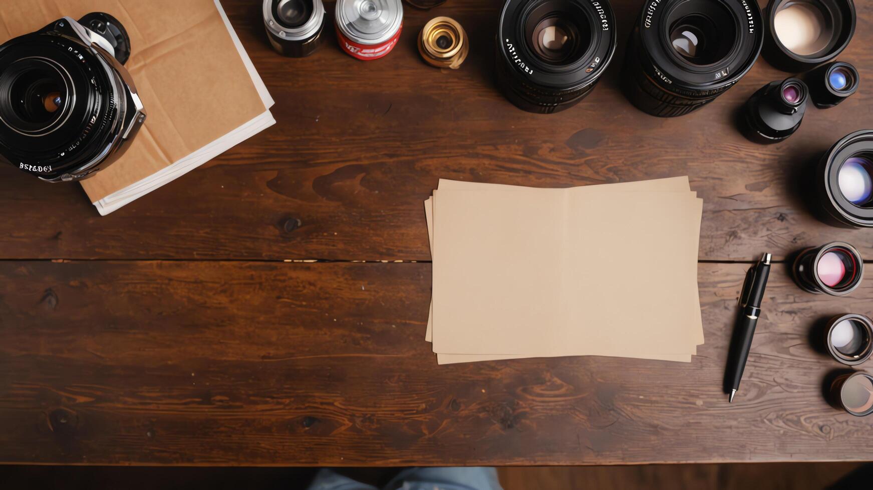 items on brown table, background design of random objects on table photo