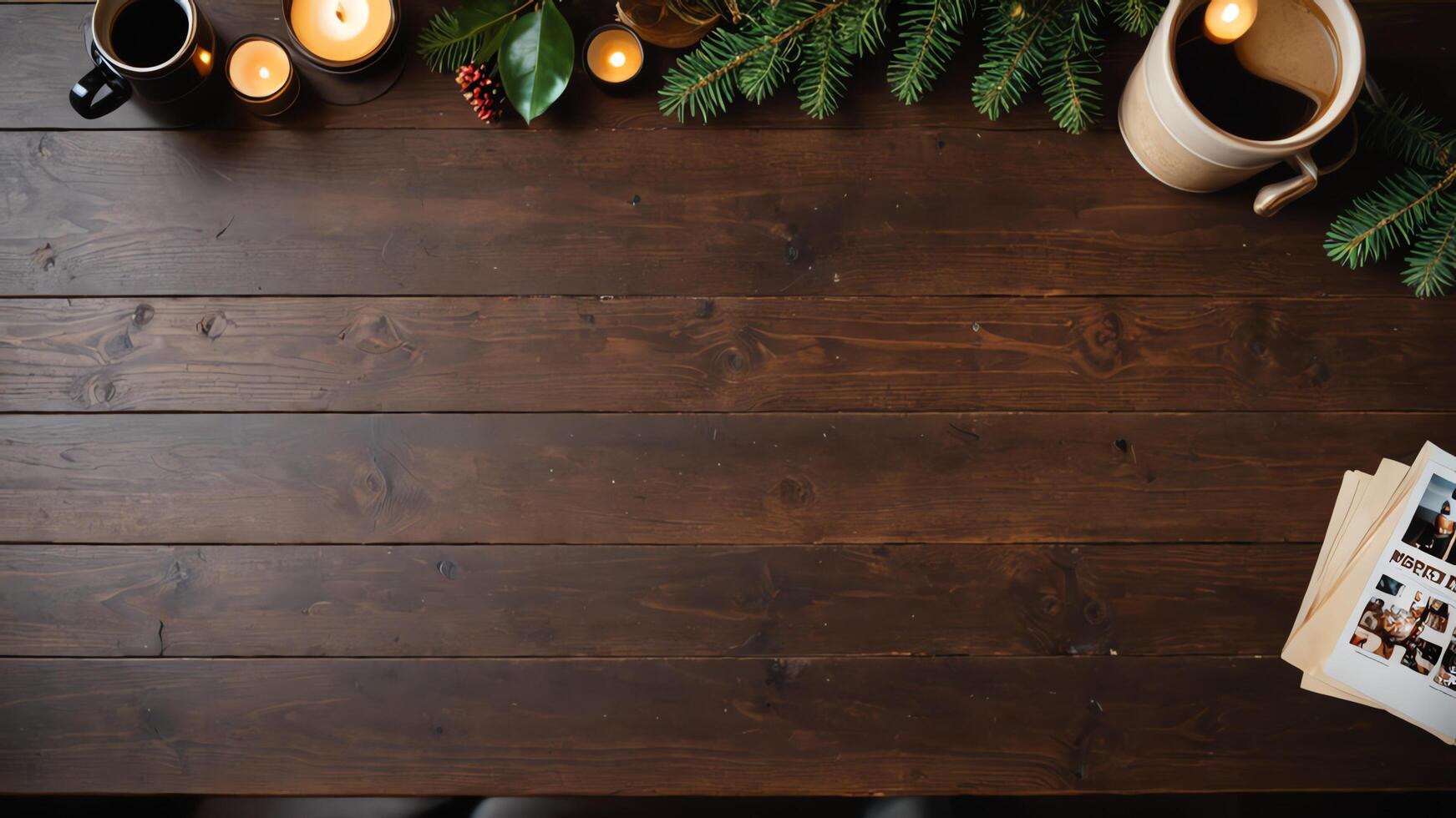 items on brown table, background design of random objects on table photo