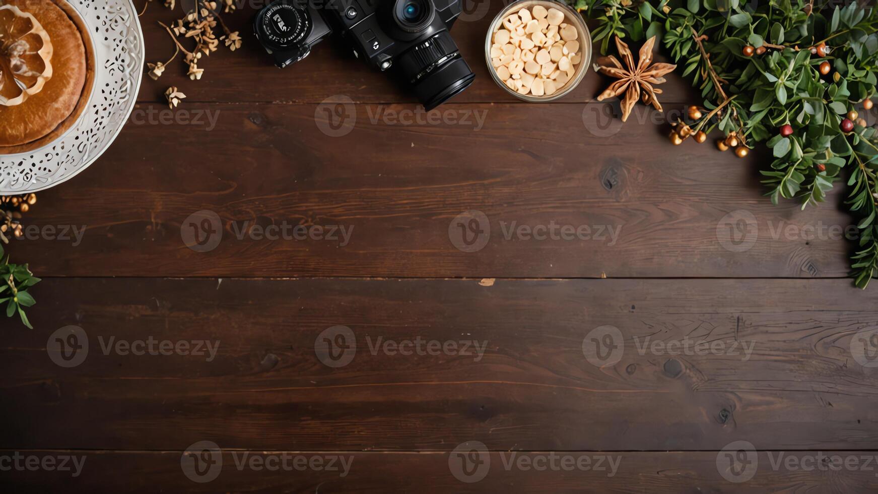 items on brown table, background design of random objects on table photo
