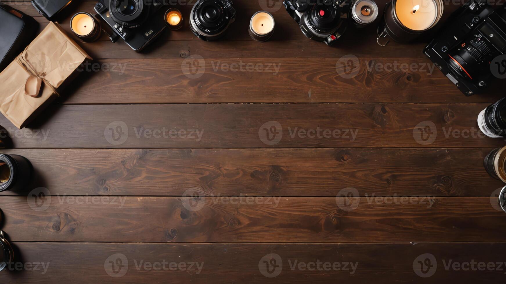 items on brown table, background design of random objects on table photo