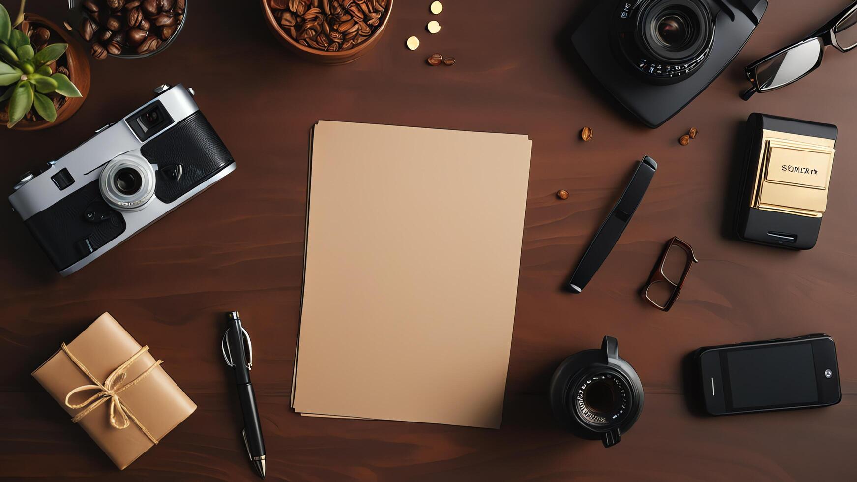 items on brown table, background design of random objects on table photo