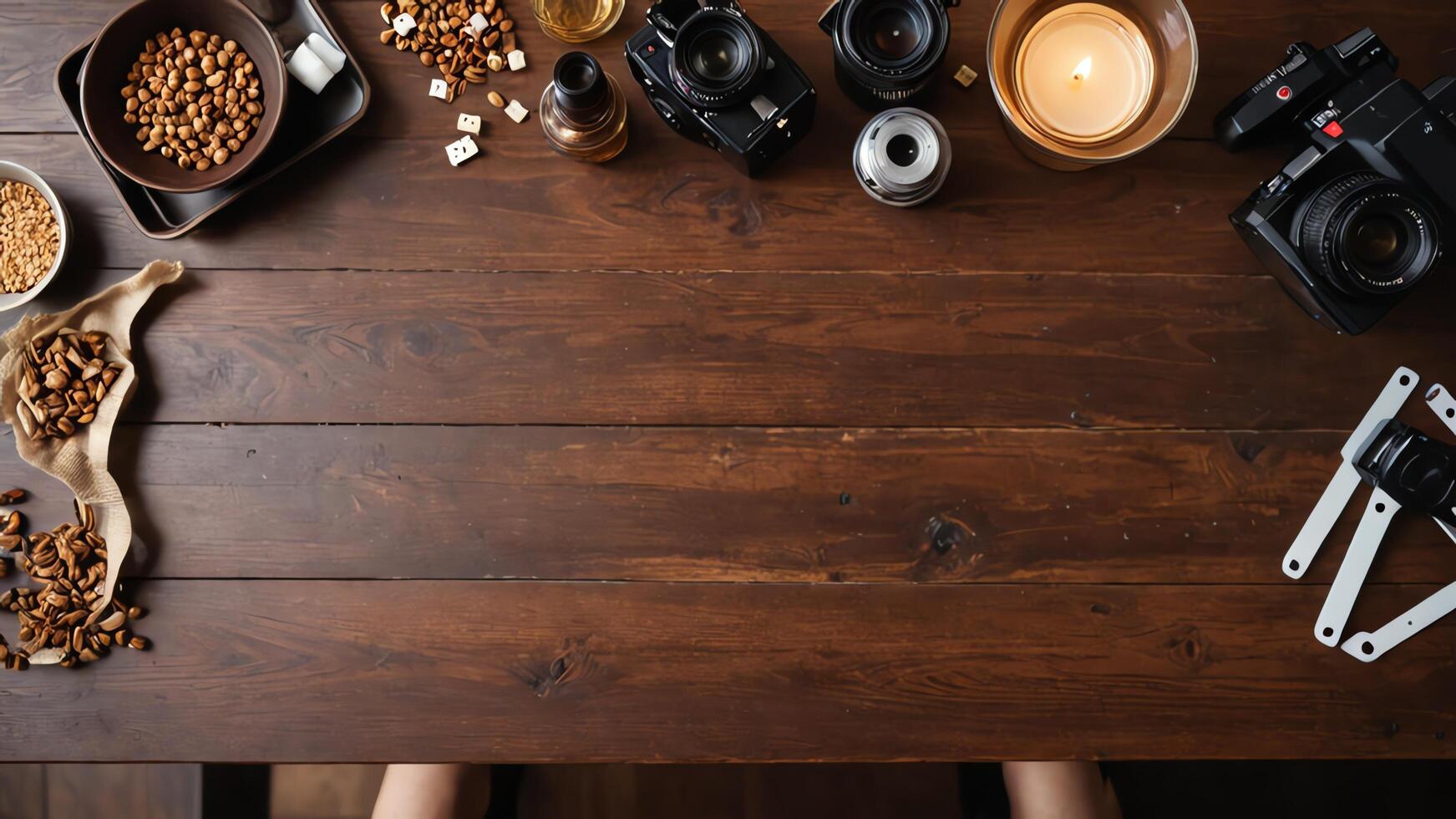 items on brown table, background design of random objects on table photo
