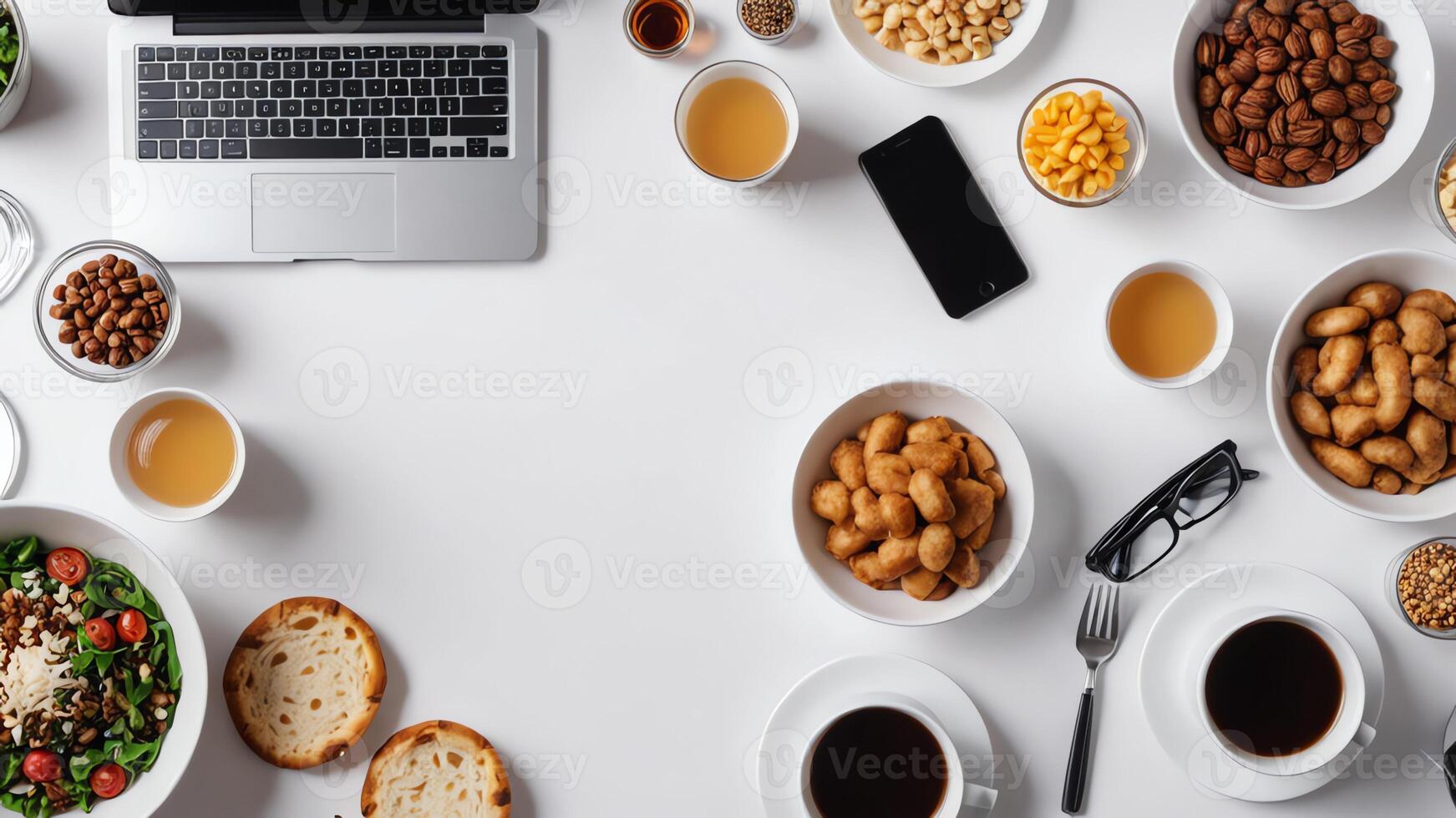 items and food on white table, background design random objects on table photo