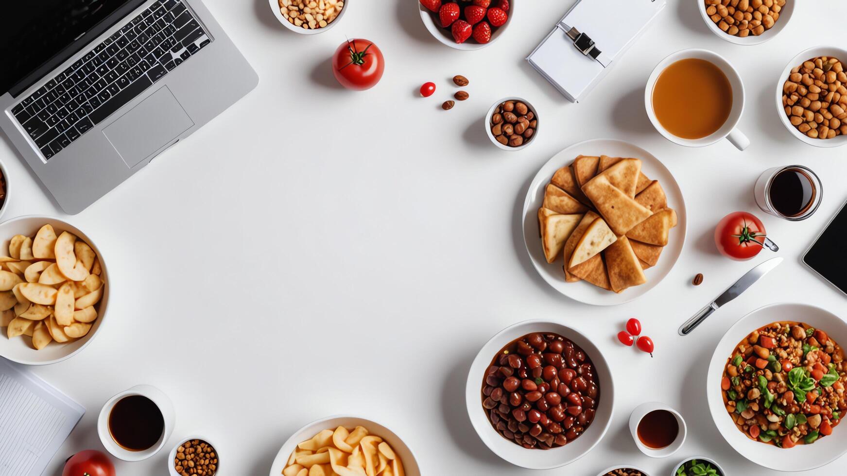 items and food on white table, background design random objects on table photo
