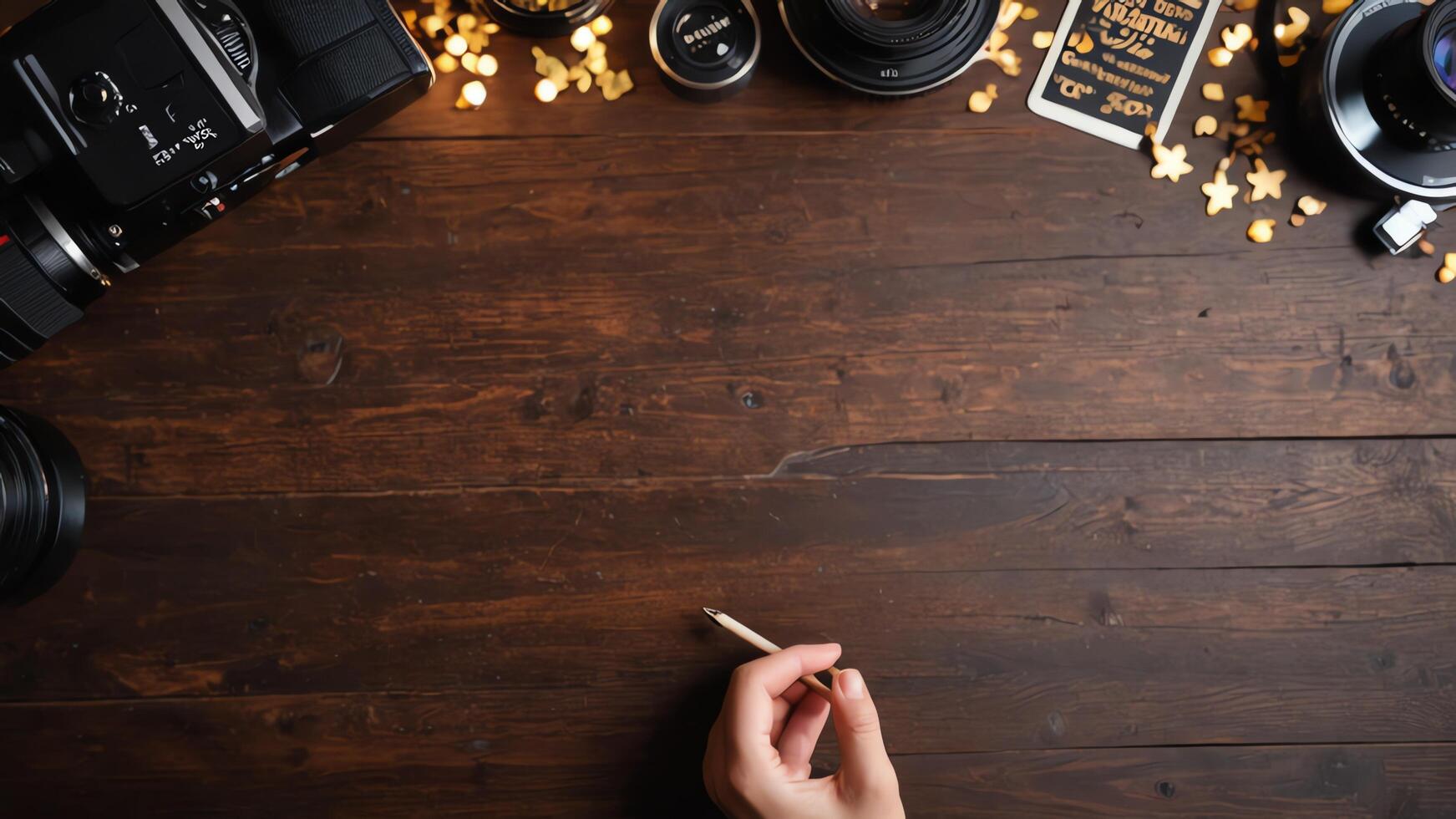 items on brown table, background design of random objects on table photo