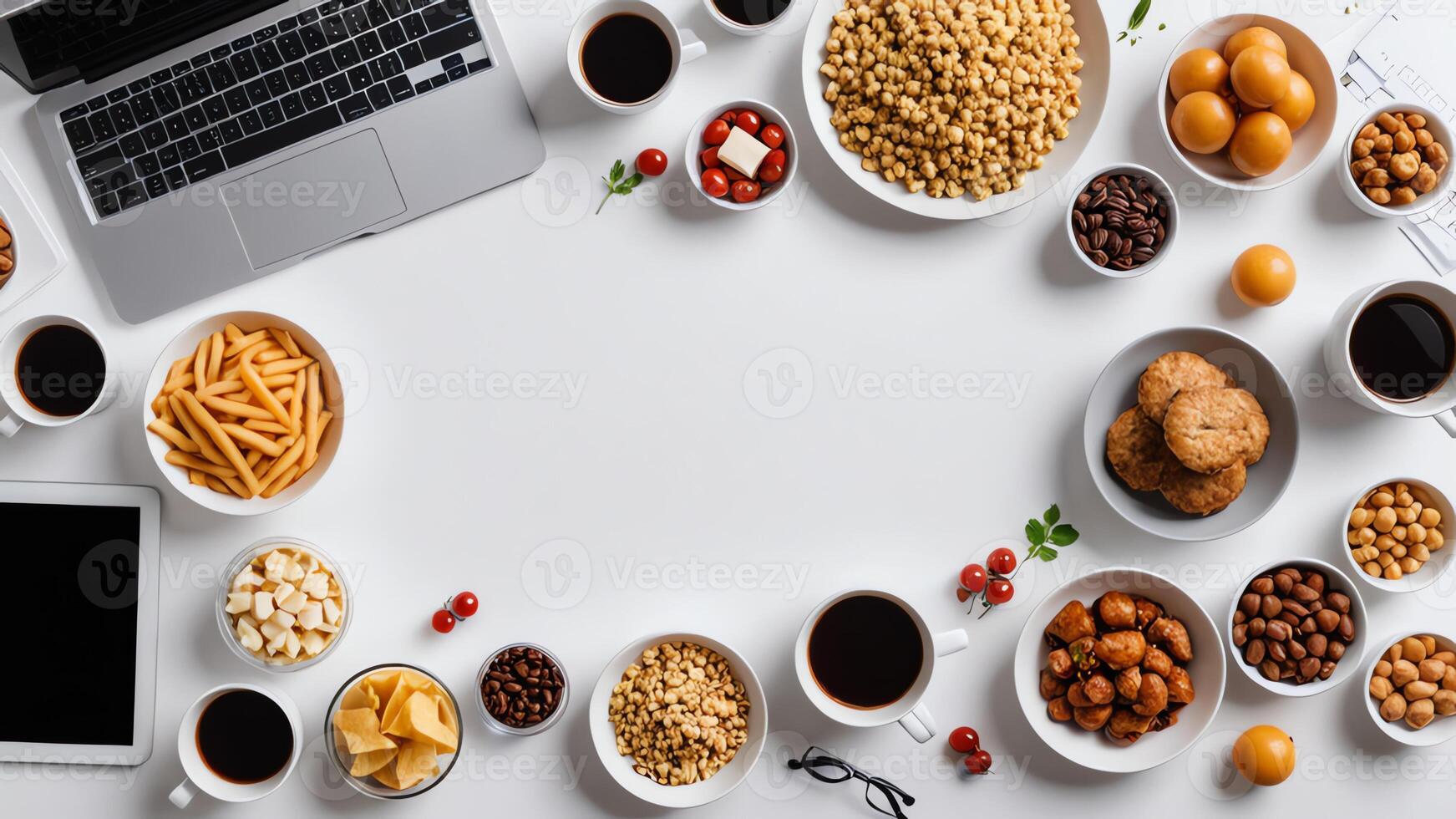 items and food on white table, background design random objects on table photo