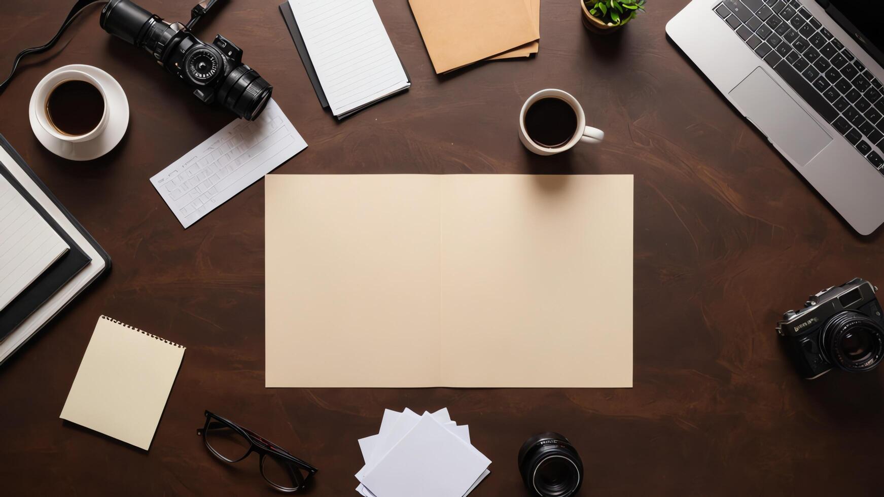 items on brown table, background design of random objects on table photo