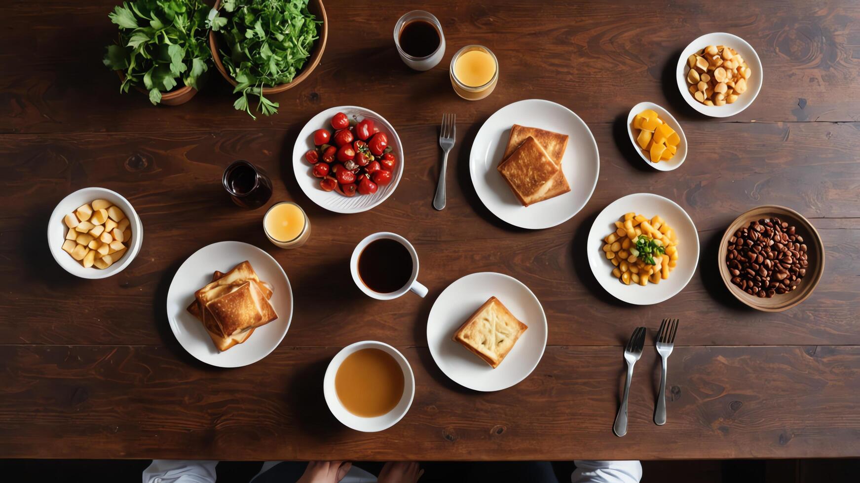 food on brown table, background design of random objects on table photo