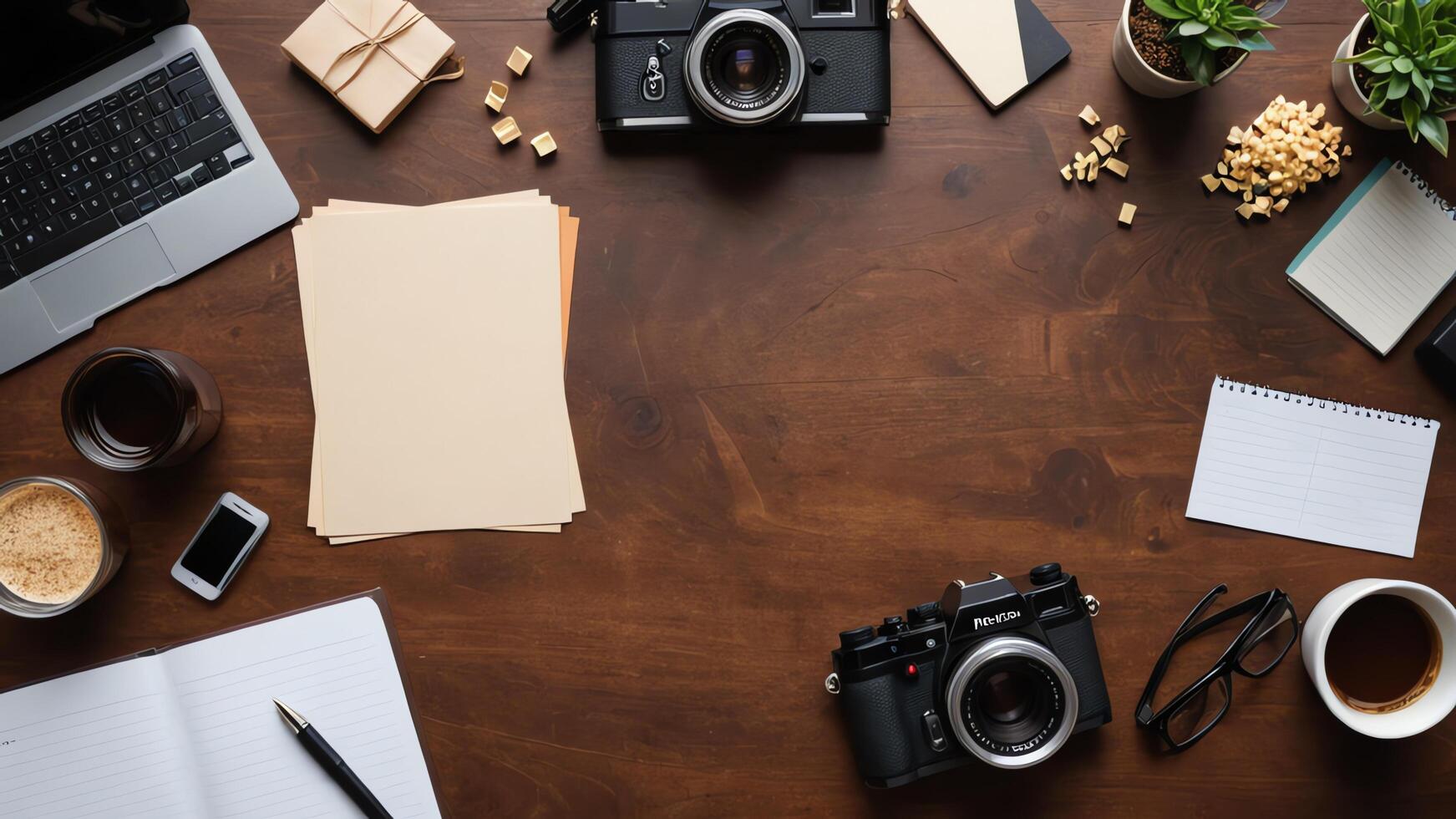items on brown table, background design of random objects on table photo