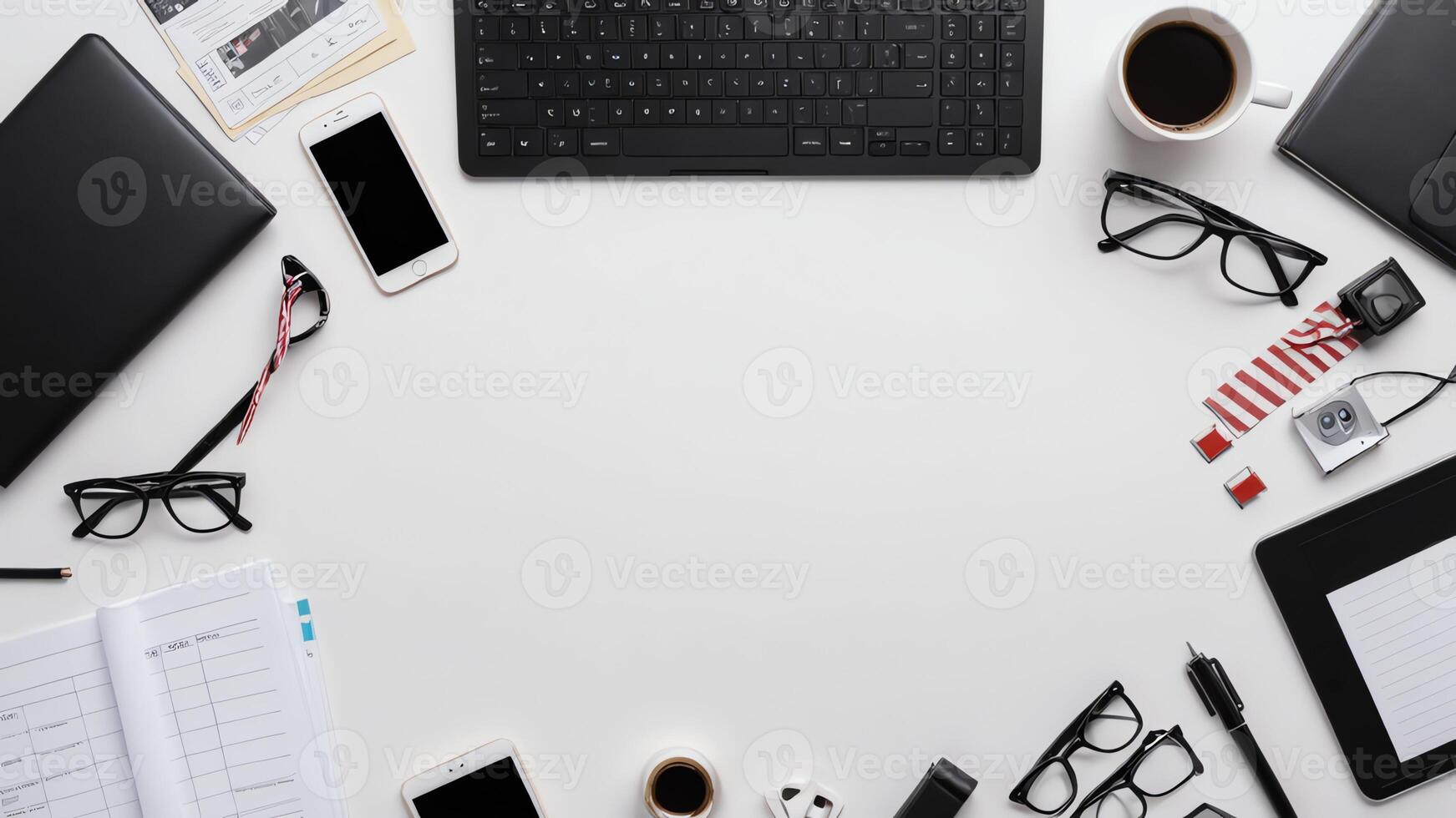 items on white table, background design random objects on table photo