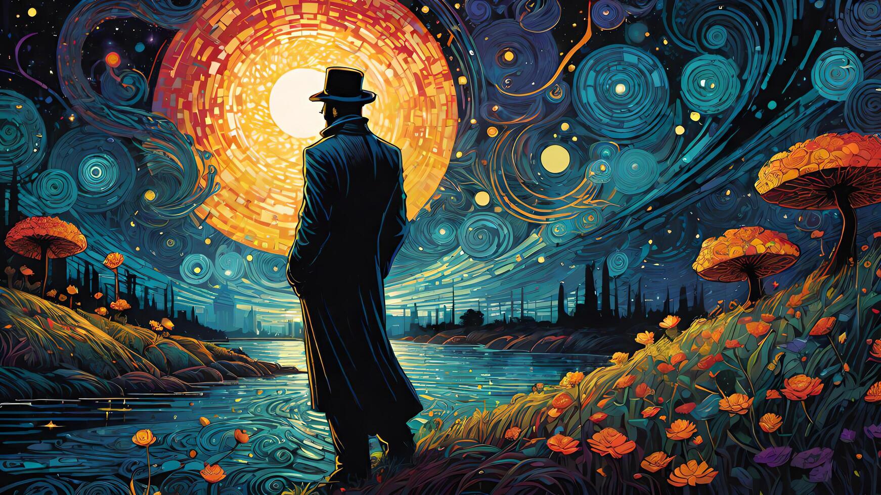 painting of a man in a hat and coat standing in front of a river and stars photo
