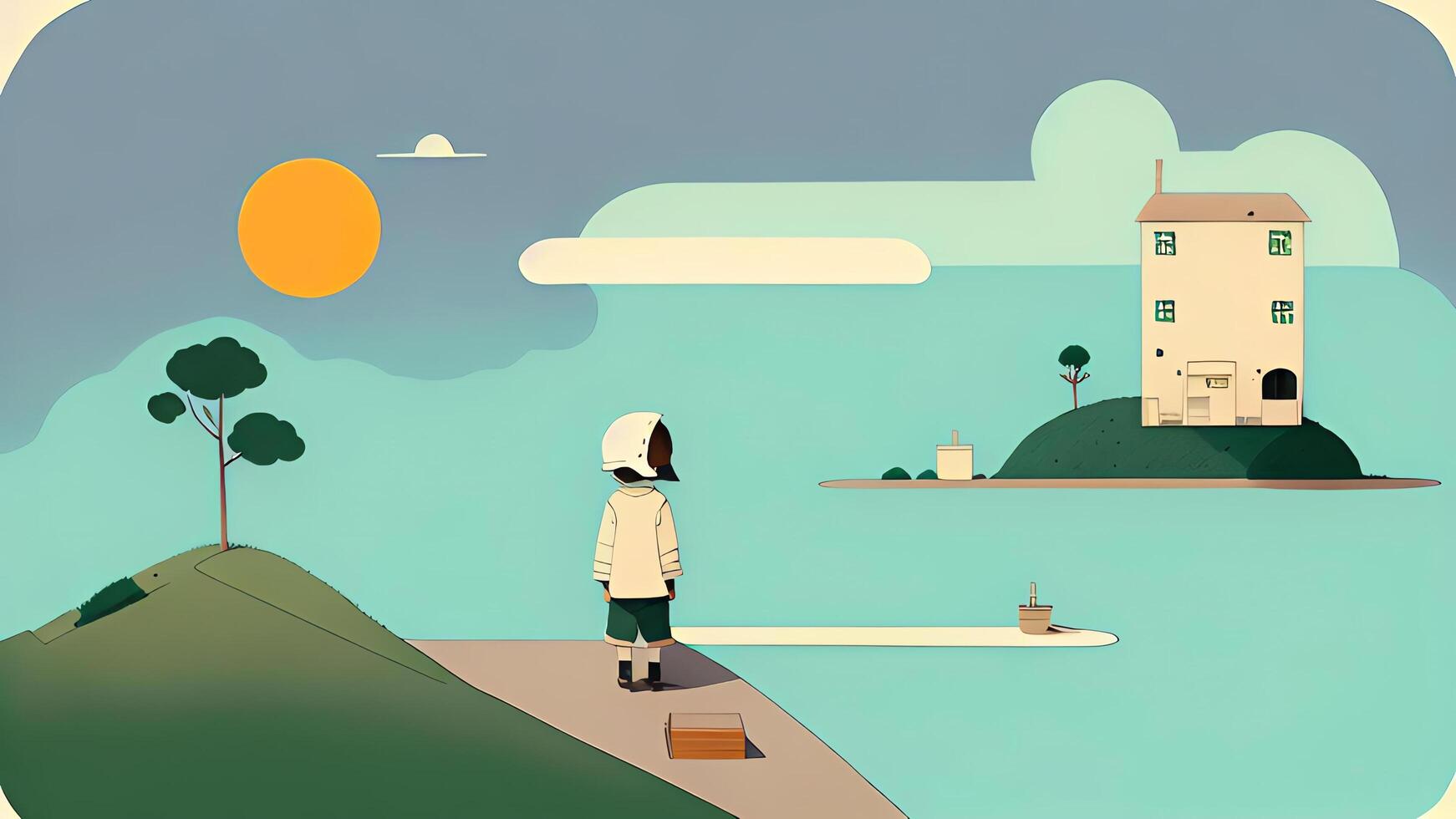simple flat design of a town with houses and mountains photo