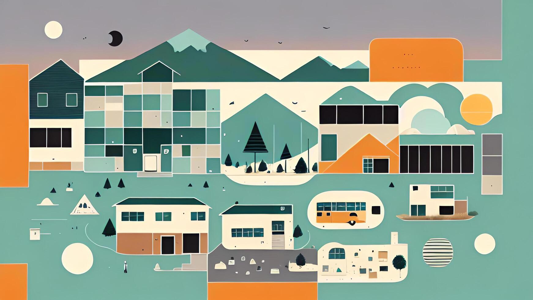 simple flat design of a town with houses and mountains photo