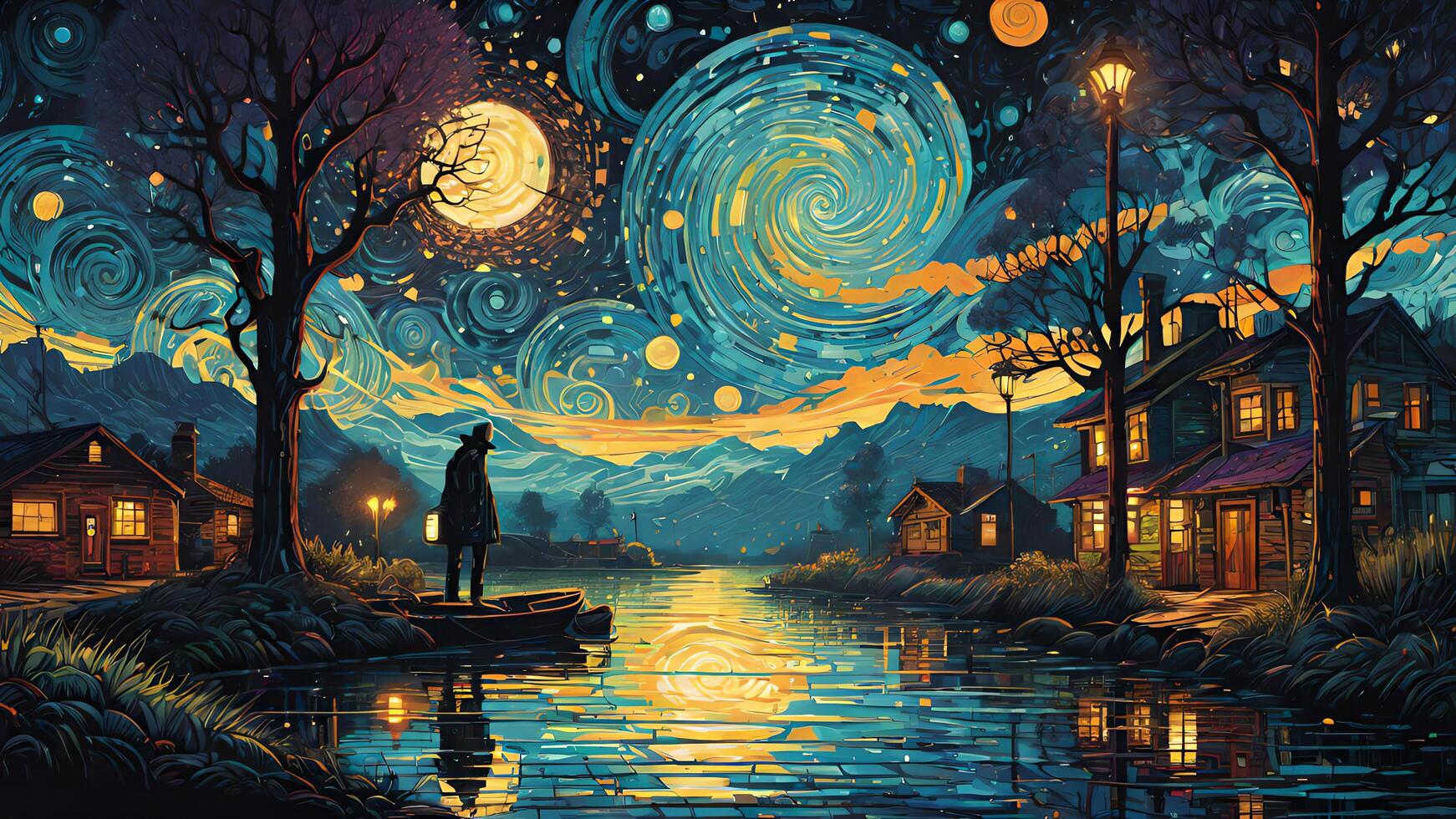 a painting of a man standing on a dock at night with the moon and stars in the sky photo