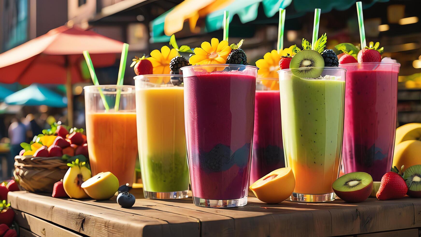 a colorful smoothie with fruit and vegetables on a table photo