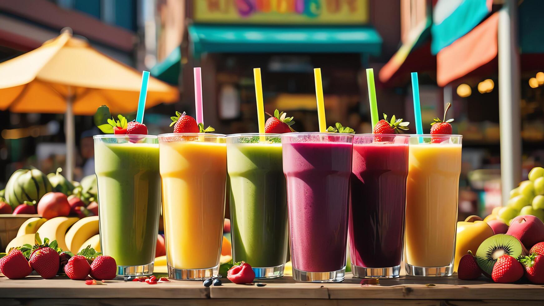 a colorful smoothie with fruit and vegetables on a table photo