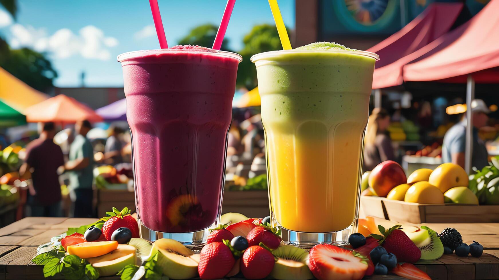 a colorful smoothie with fruit and vegetables on a table photo