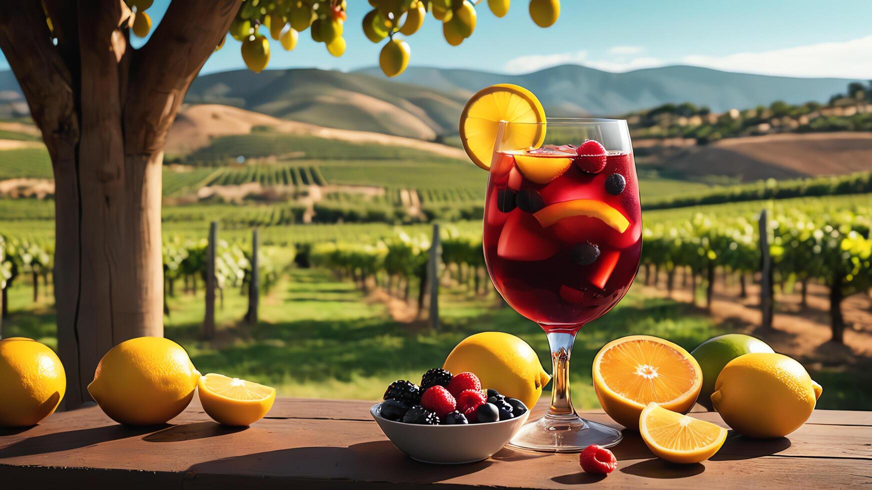 a glass of sangria with fruit and berries on a table photo