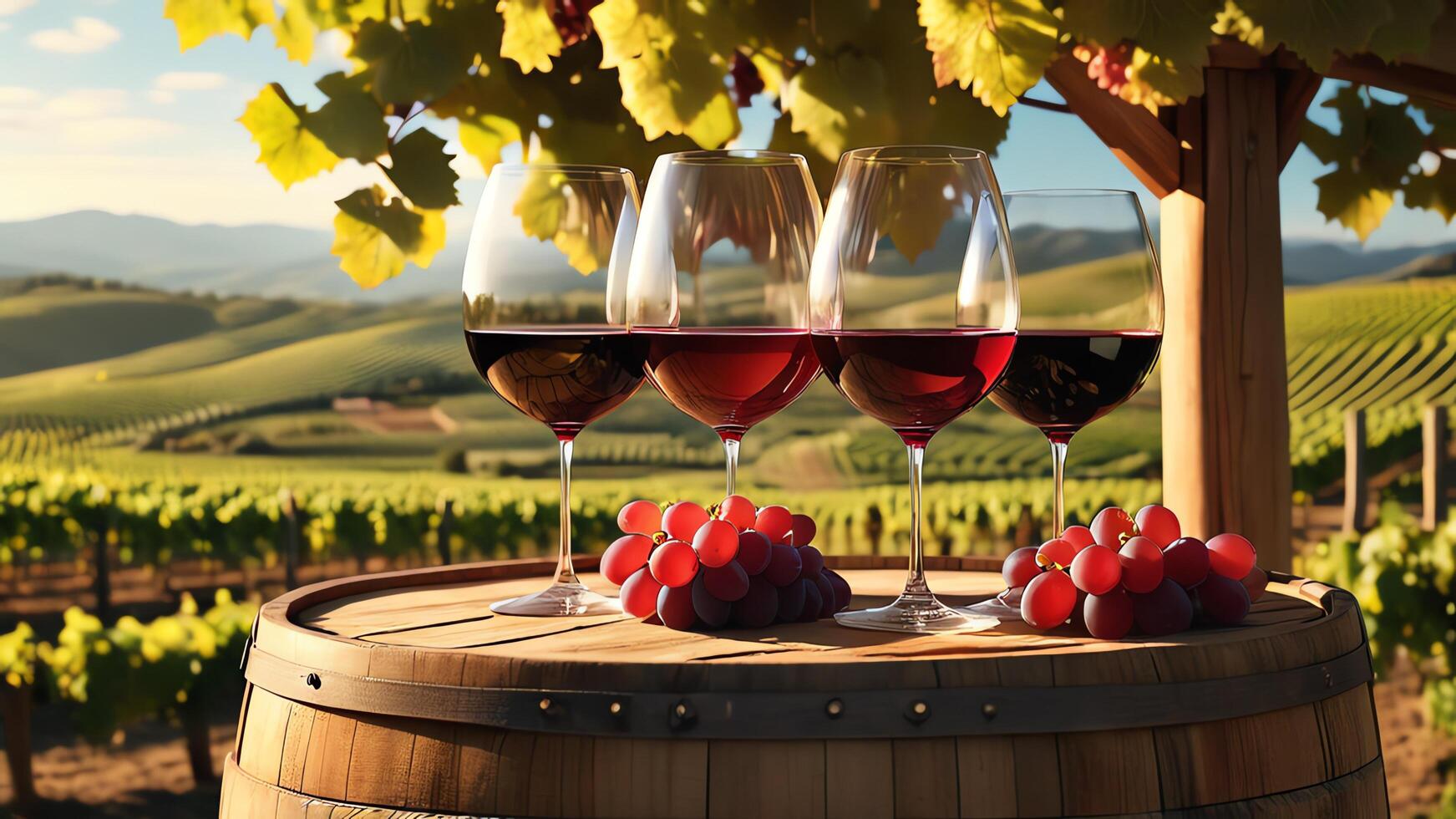 glasses of wine on a barrel in front of a vineyard photo