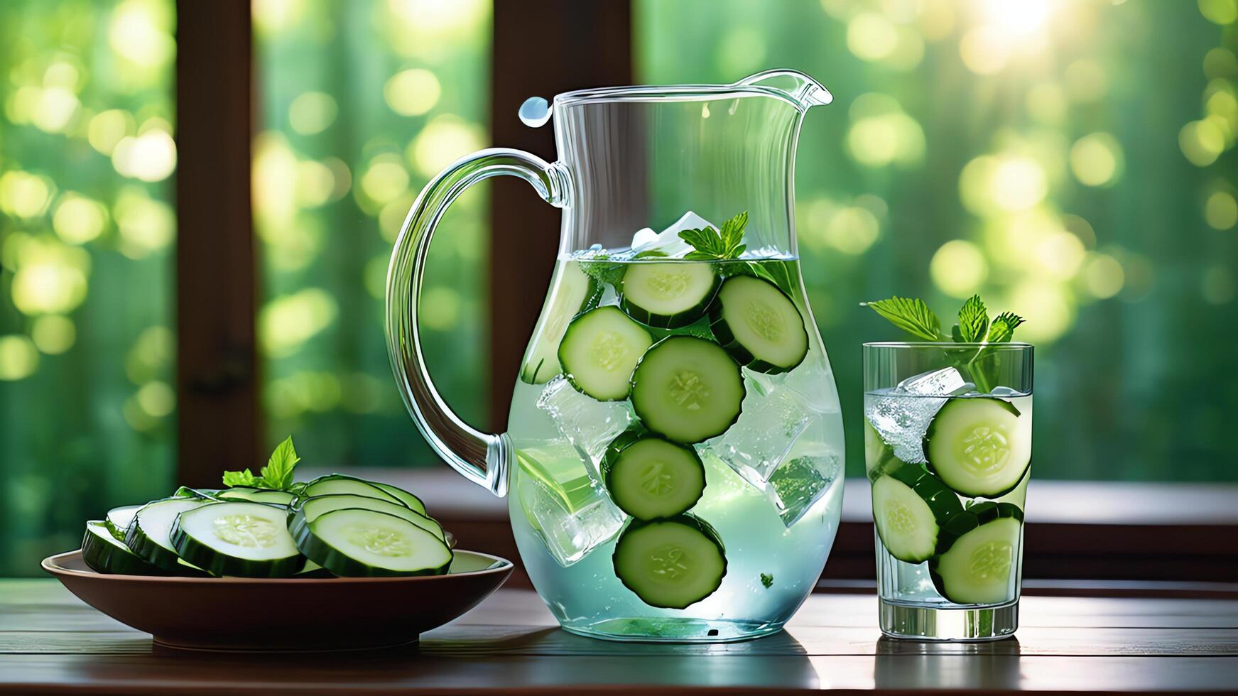 cucumber water with mint leaves photo