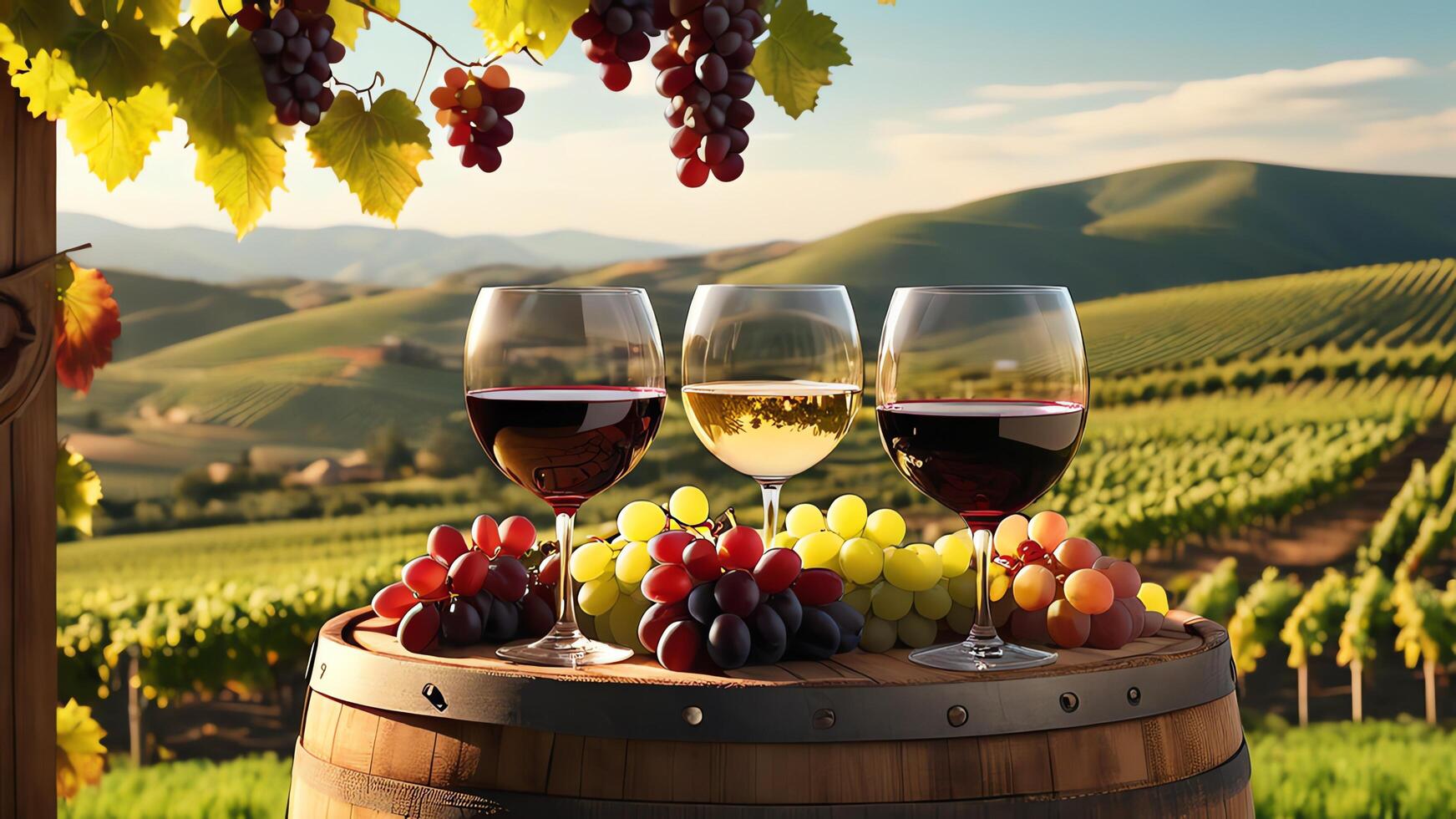 glasses of wine on a barrel in front of a vineyard photo