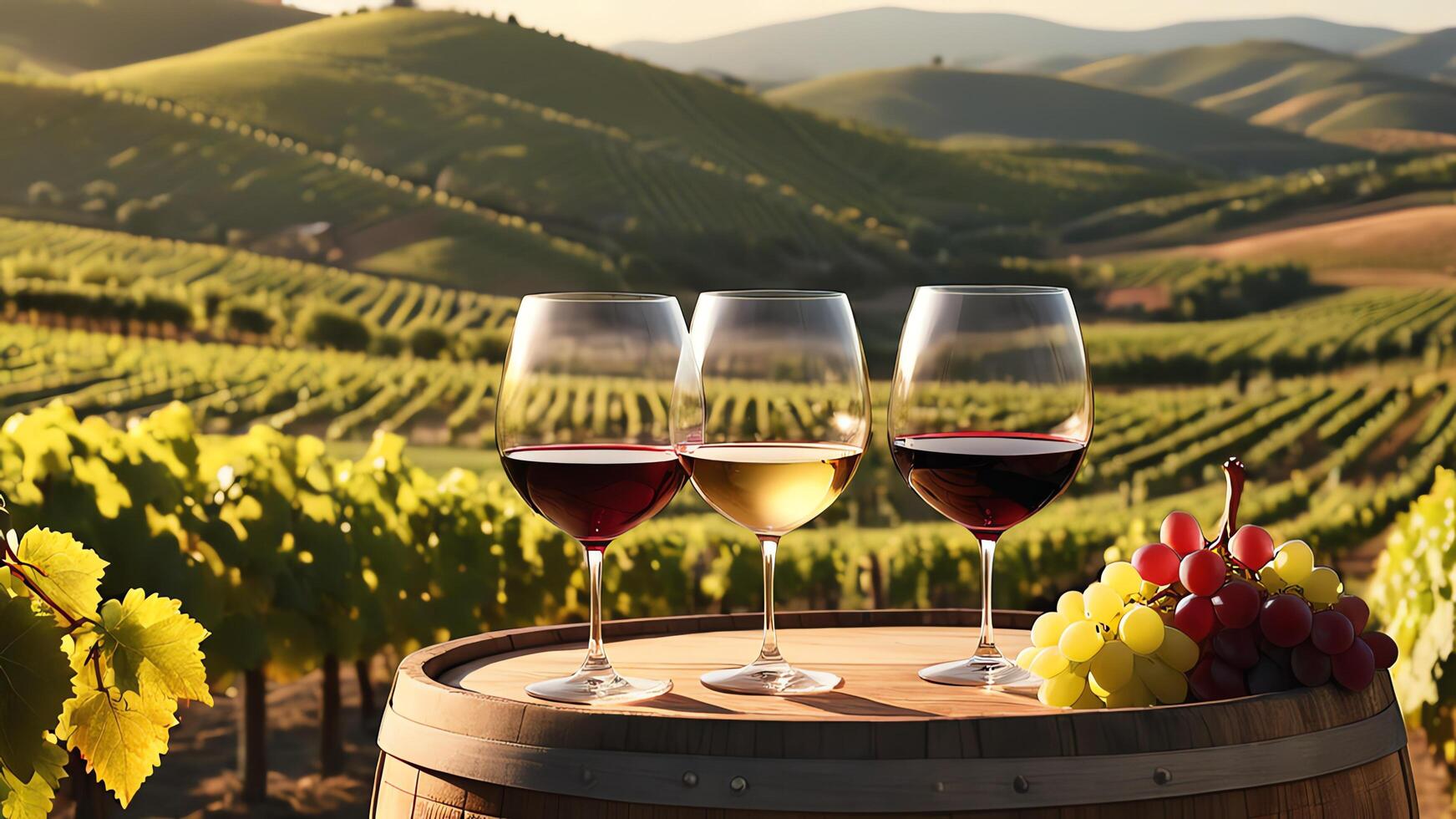 glasses of wine on a barrel in front of a vineyard photo