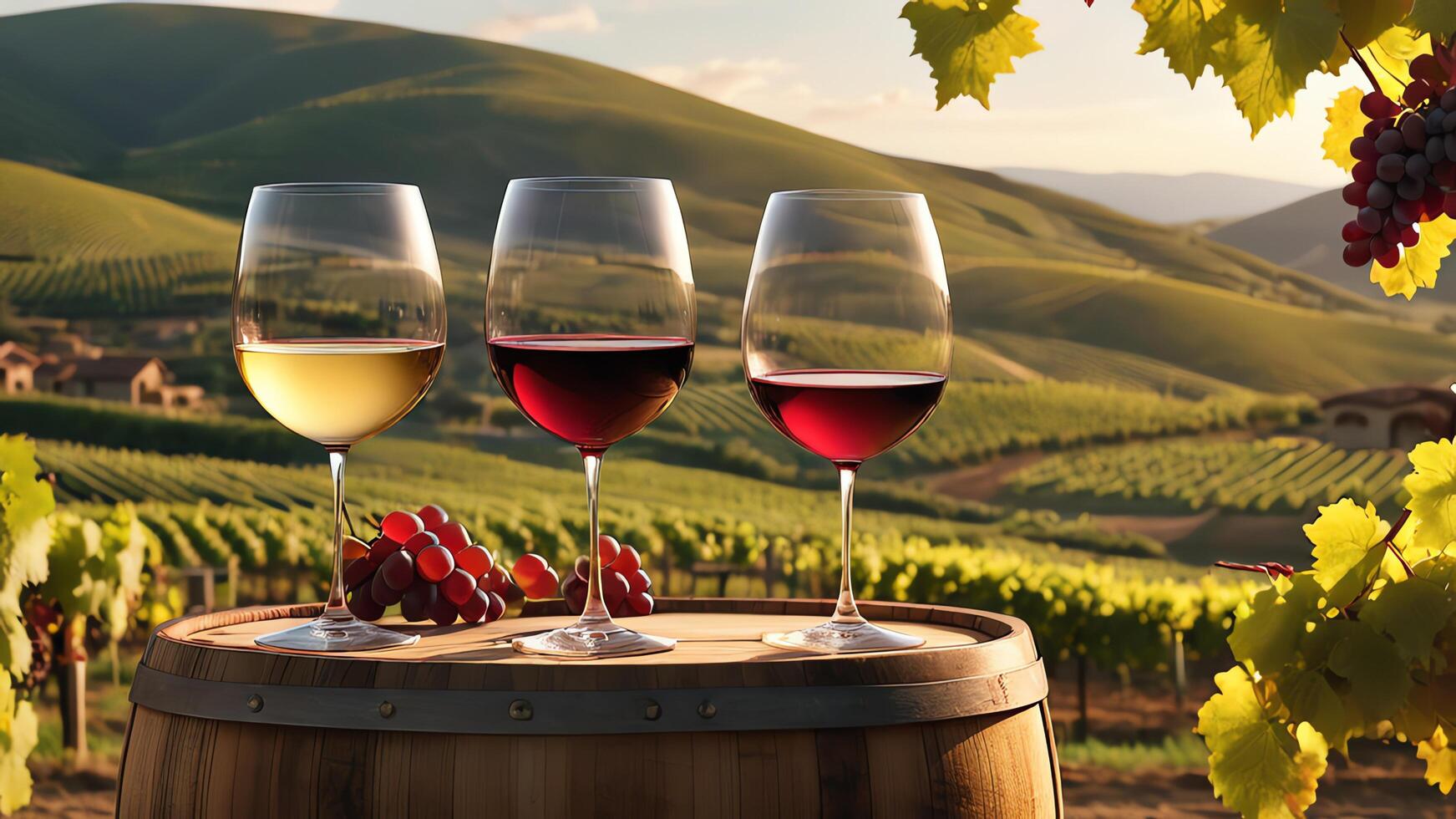glasses of wine on a barrel in front of a vineyard photo