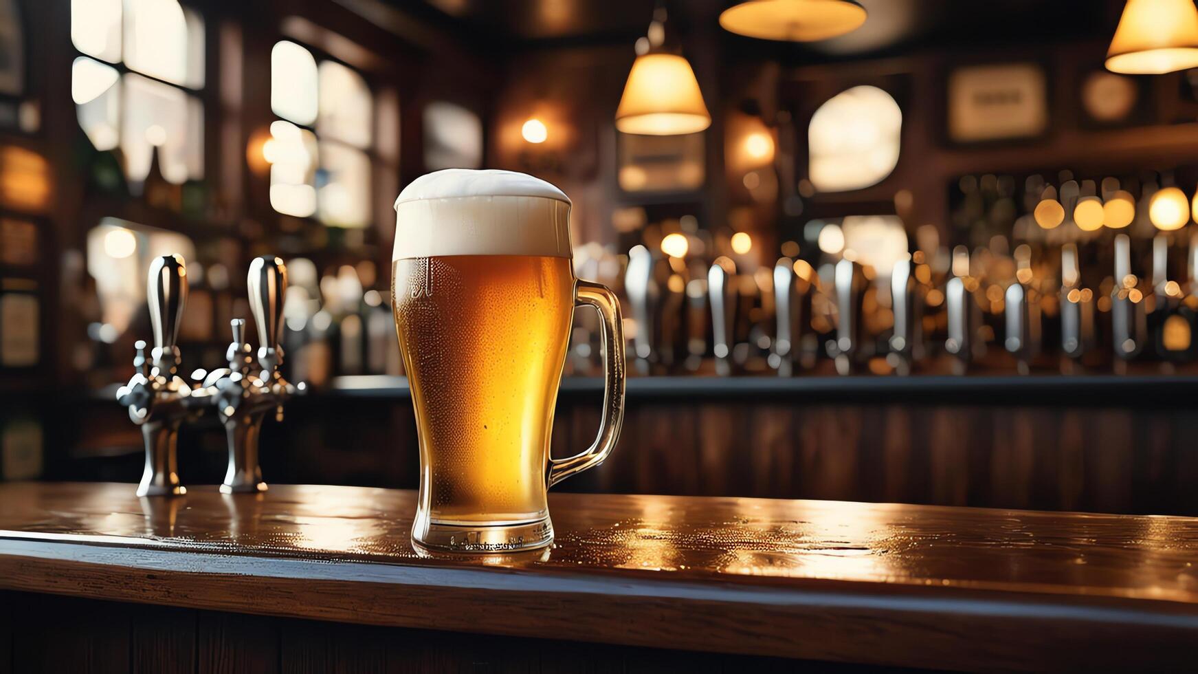a beer glass sitting on a bar with a tap photo