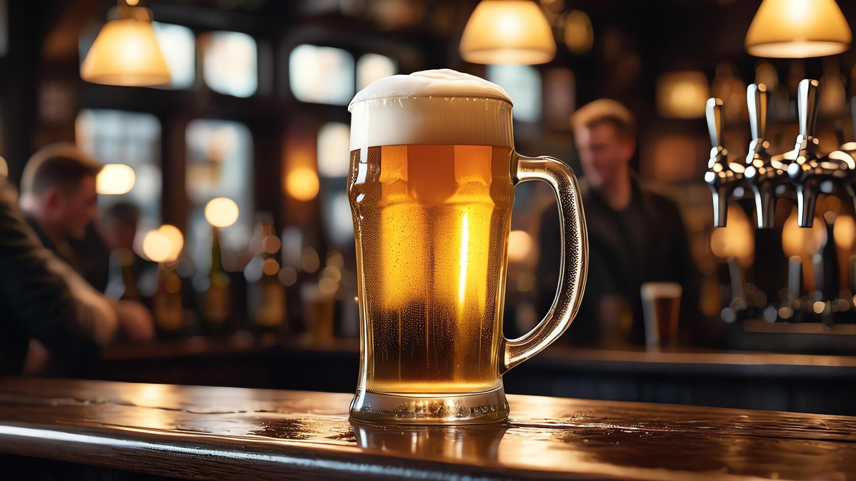 a beer glass sitting on a bar with a tap photo