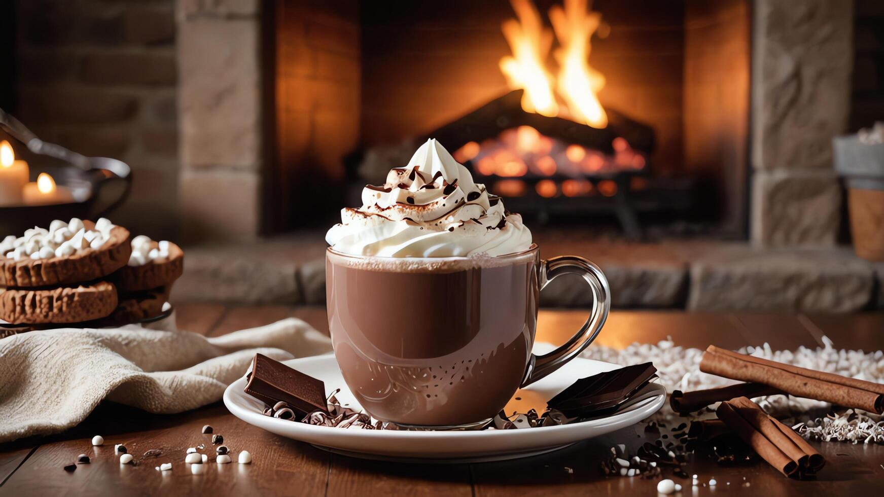 hot chocolate with whipped cream and chocolate on a wooden table in front of a fireplace photo
