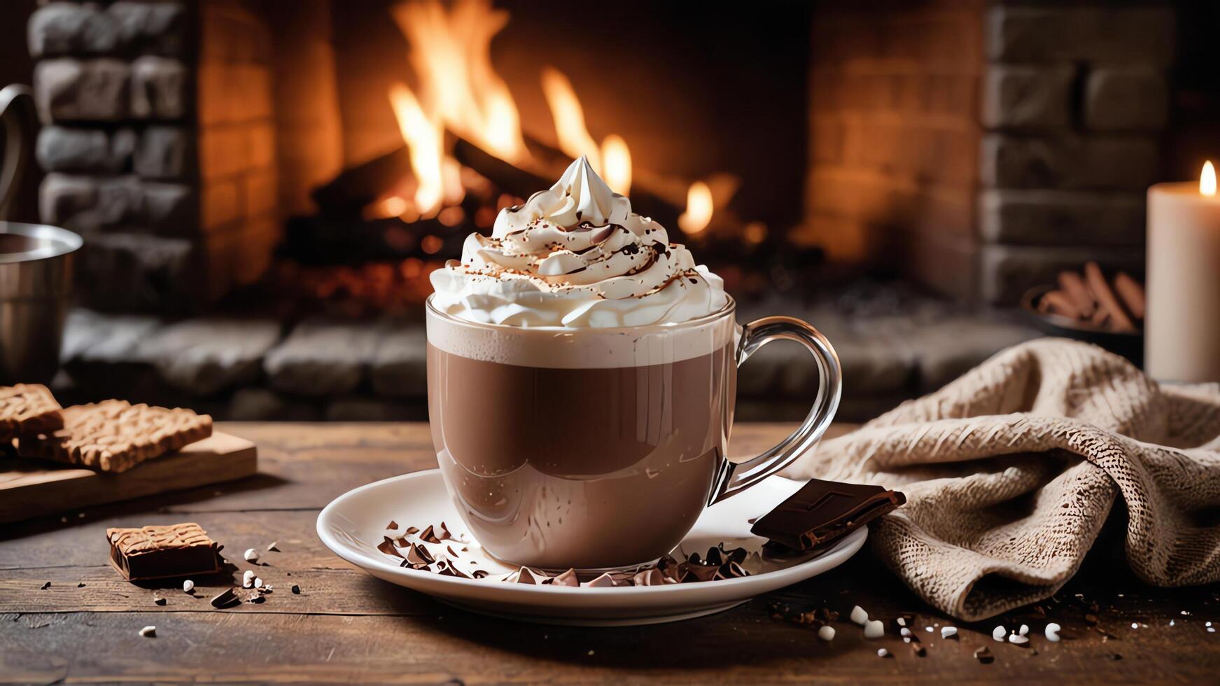 hot chocolate with whipped cream and chocolate on a wooden table in front of a fireplace photo