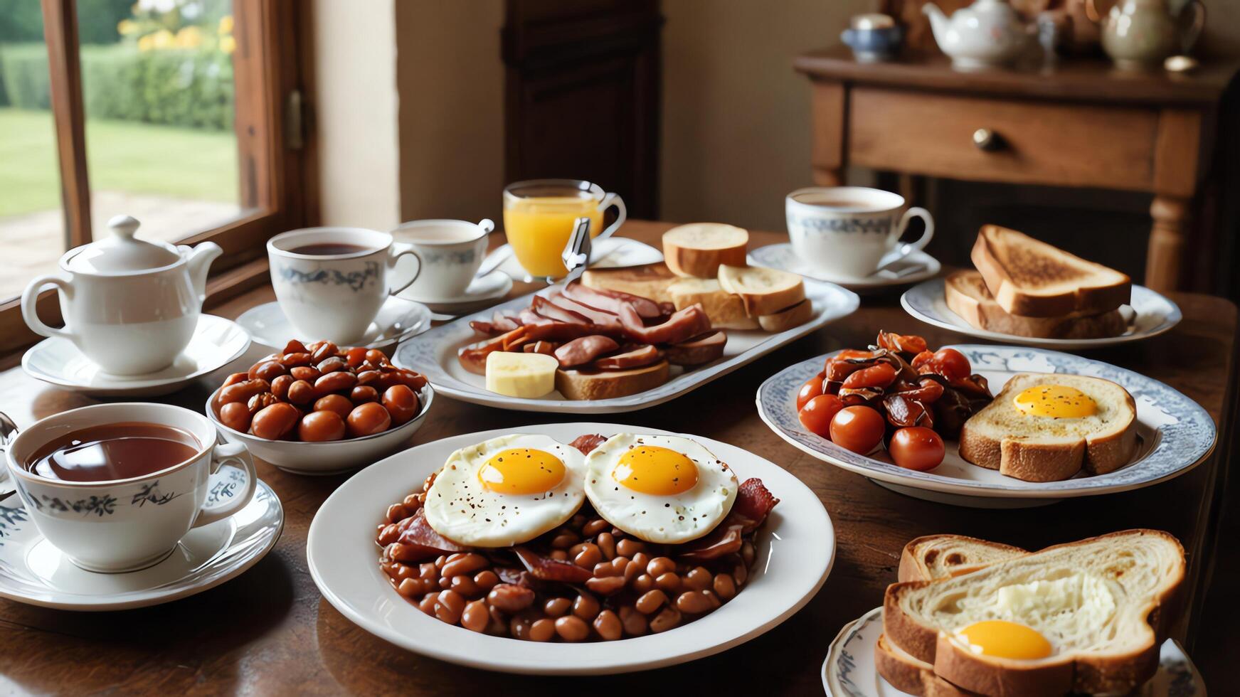 morning food dishes on the table, eggs, bread, coffee and juice photo