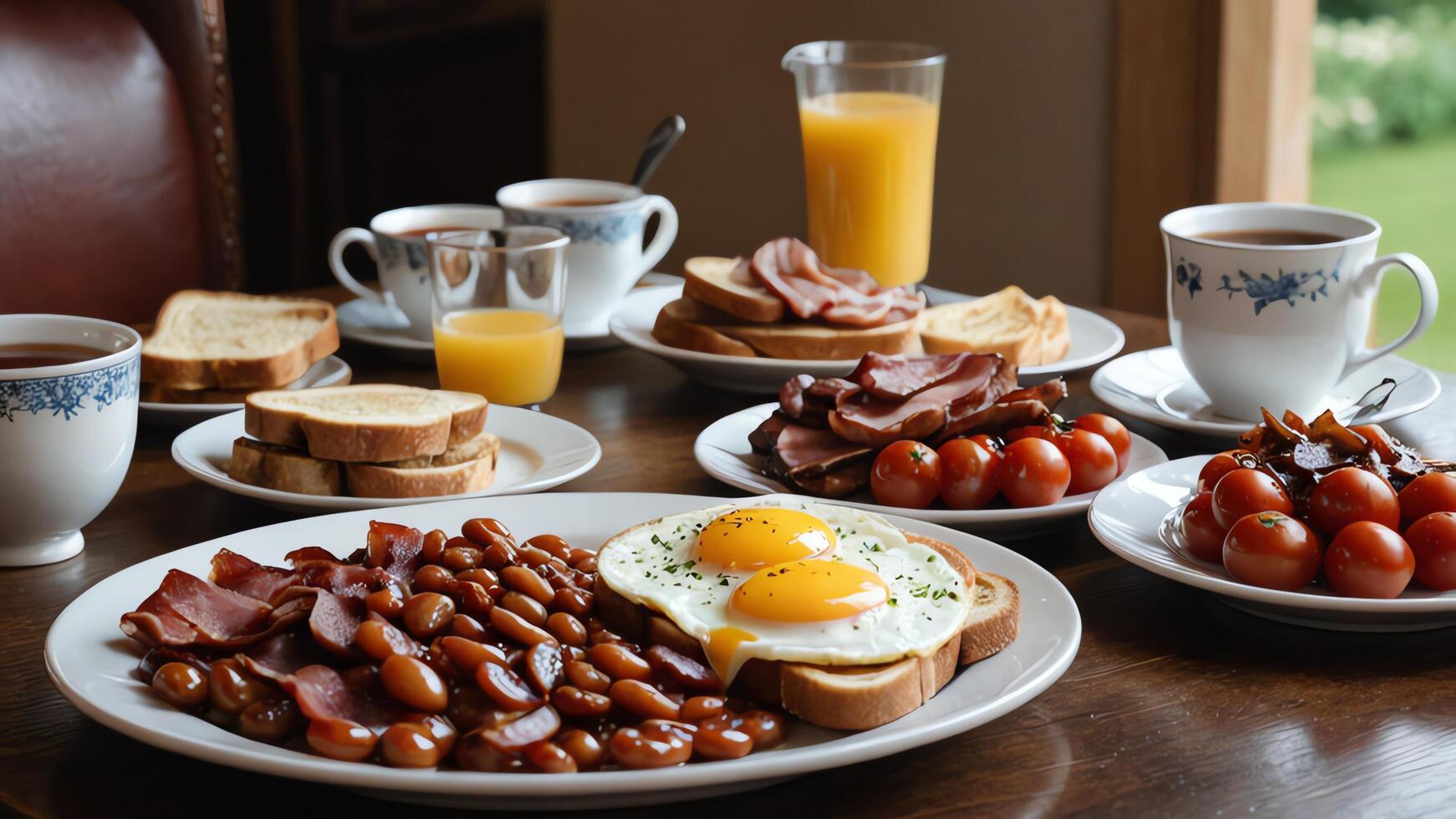 morning food dishes on the table, eggs, bread, coffee and juice photo