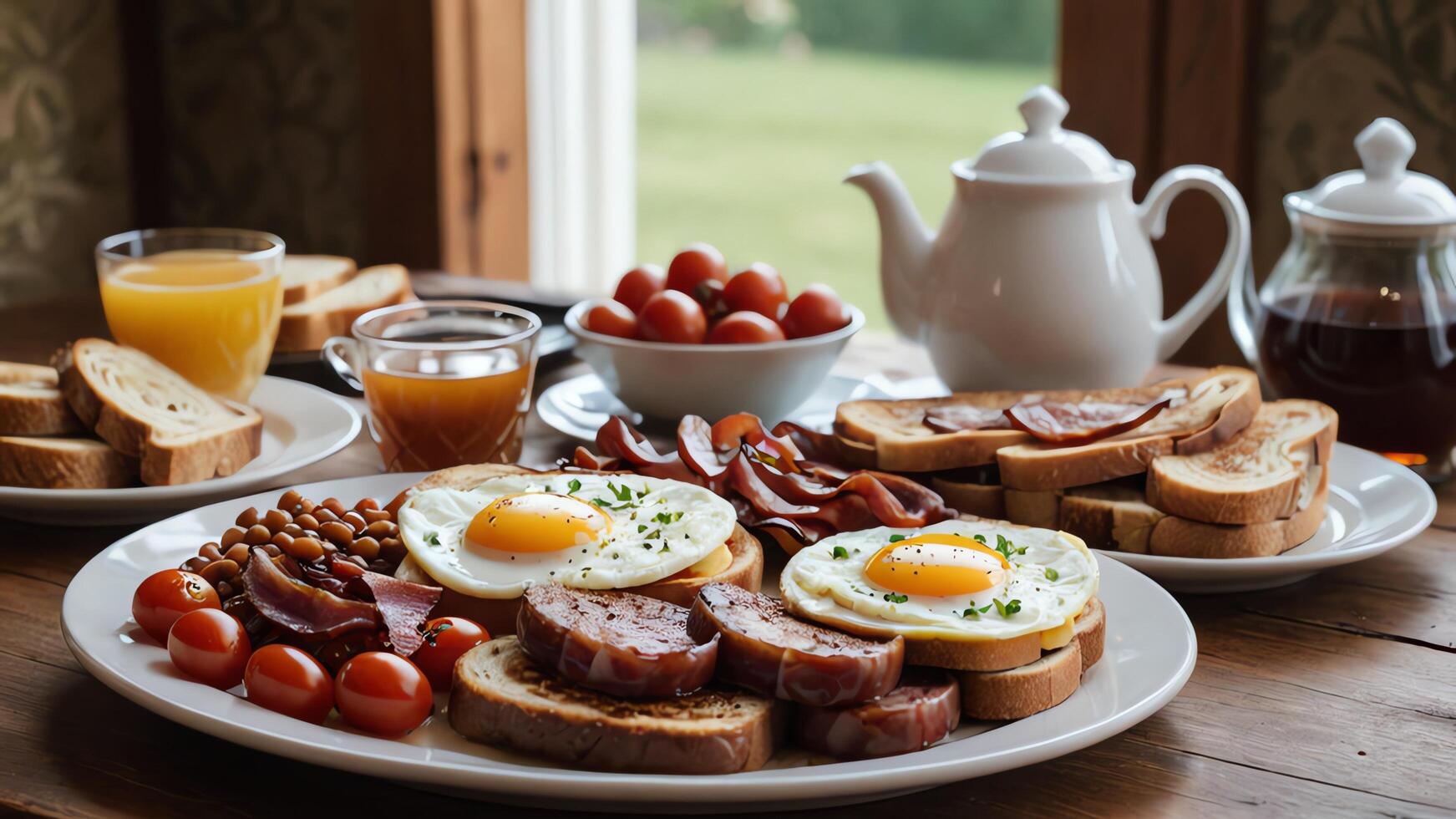morning food dishes on the table, eggs, bread, coffee and juice photo