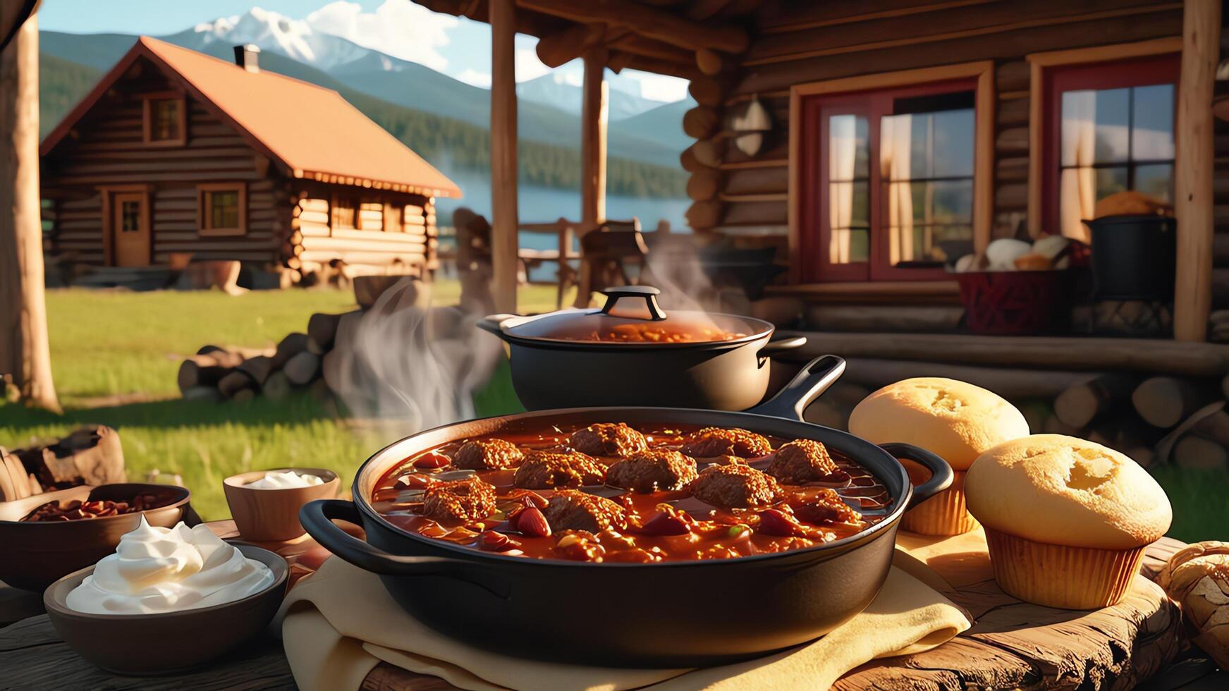 table with stewed meat, a bowl of chili and bread photo