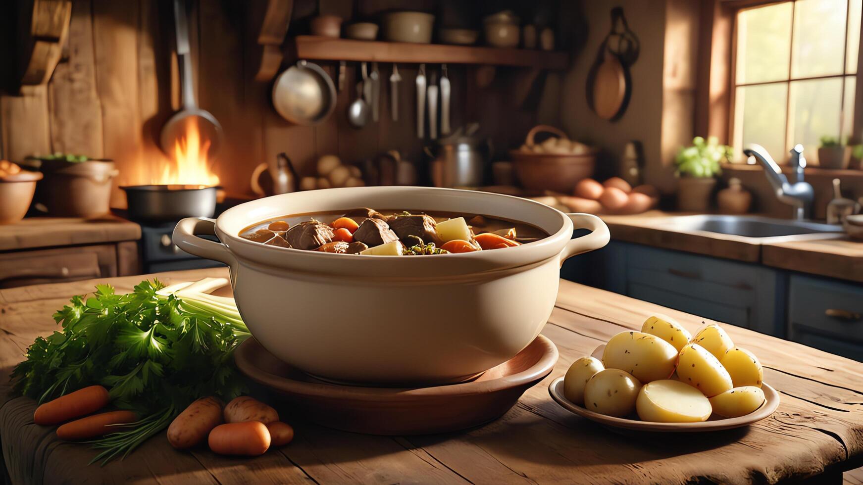 a pot of soup with meat, potatoes and carrots on the table photo