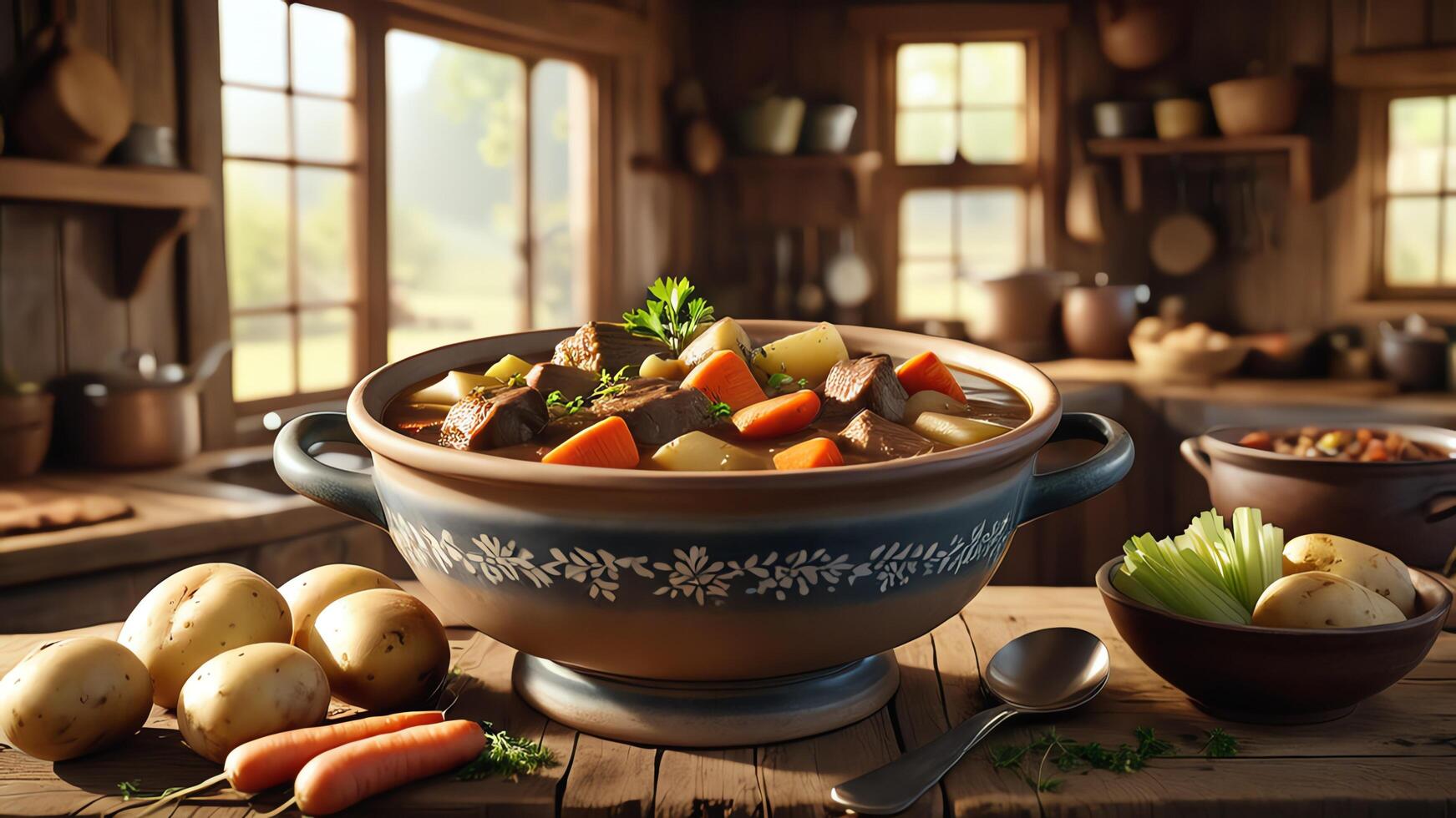 a pot of soup with meat, potatoes and carrots on the table photo