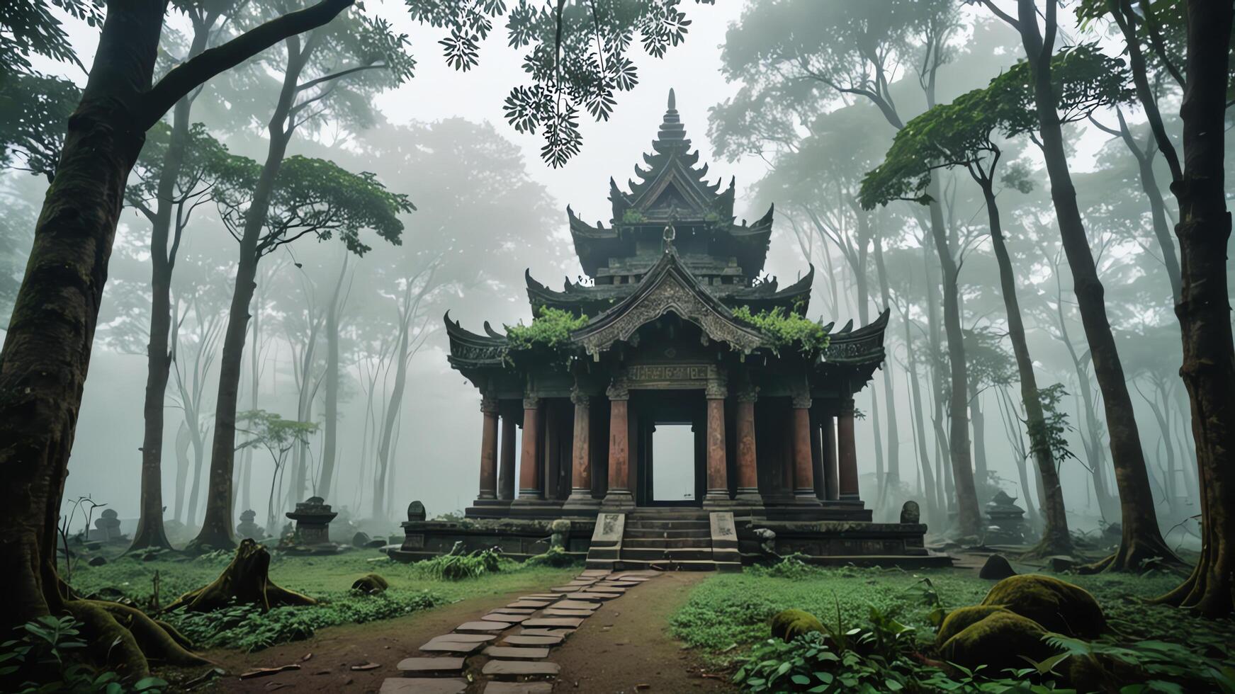 an ancient pagoda in the middle of a forest photo