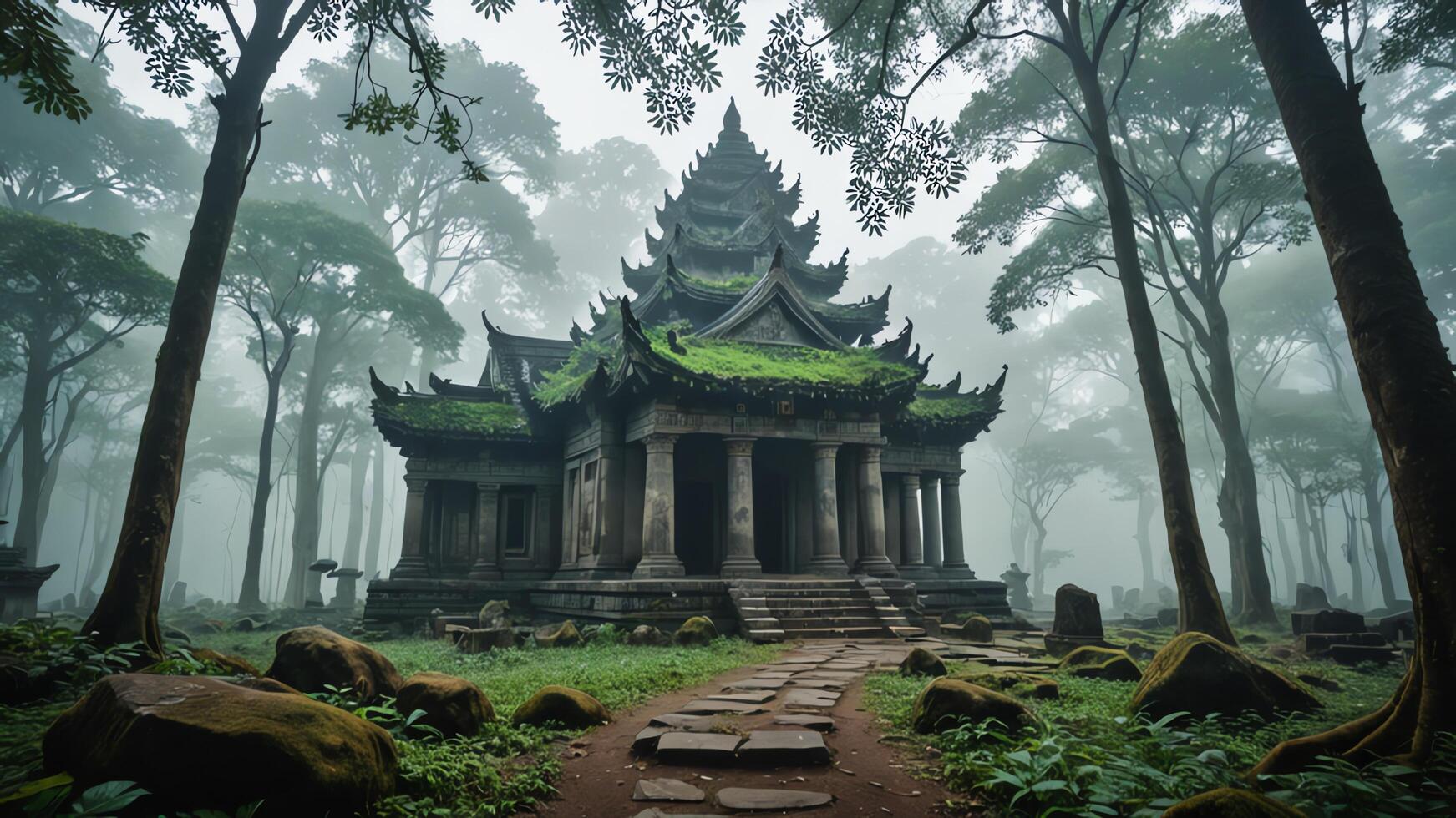 an ancient pagoda in the middle of a forest photo