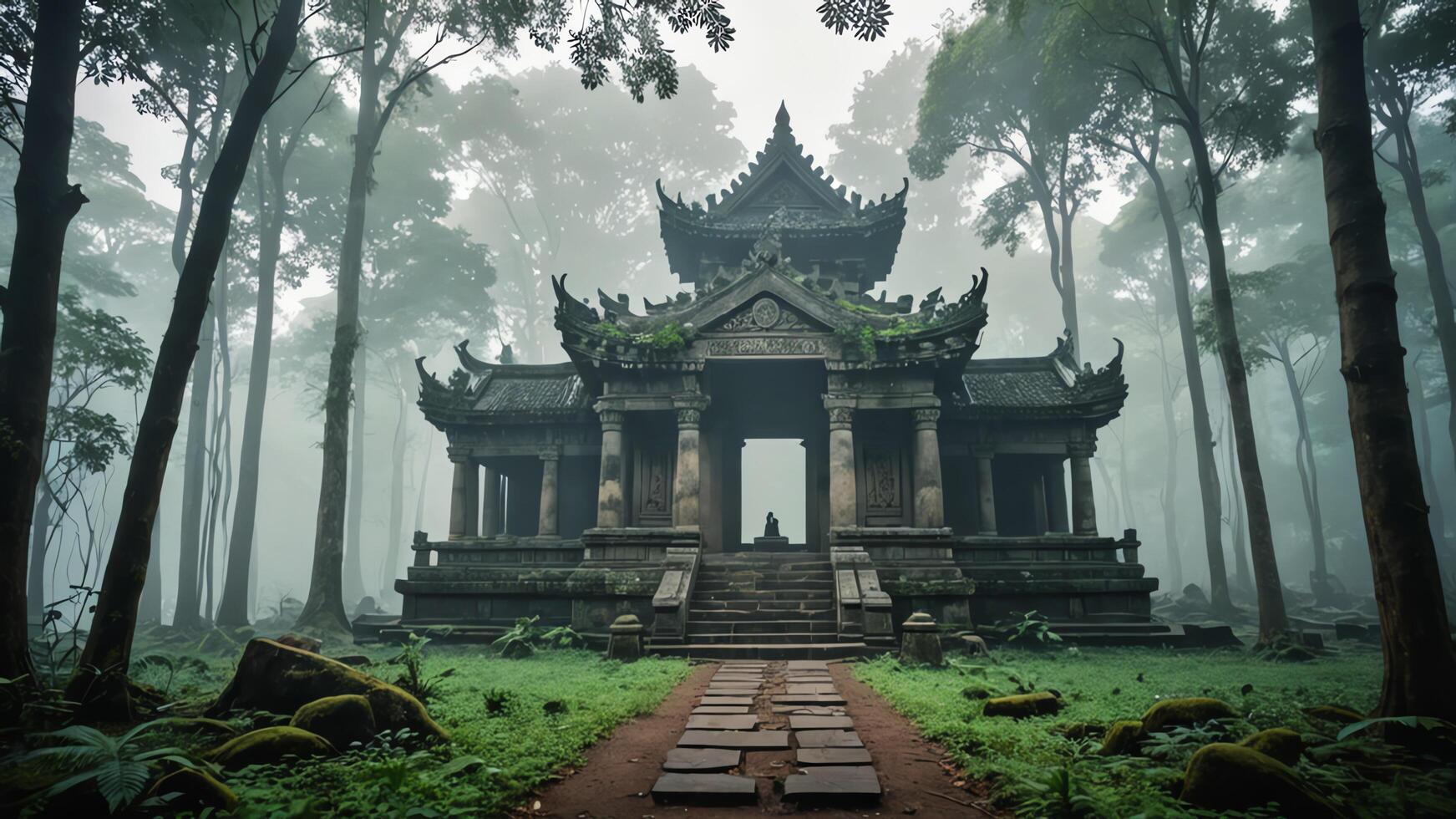 an ancient pagoda in the middle of a forest photo
