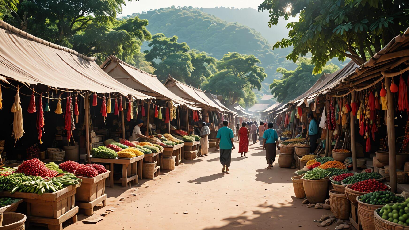 people walk through a traditional market with fruit and vegetables photo